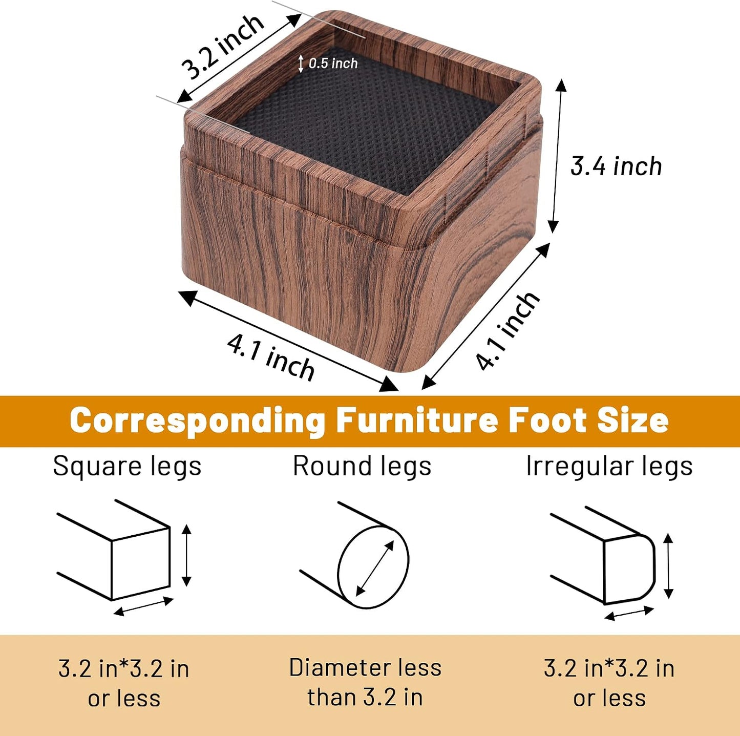 BTSD-home Wood Bed Risers 3 Inch, 8 Pack | Heavy Duty Square Furniture Risers, 2,200 lb, Anti-Slip Pads, Dorm Room