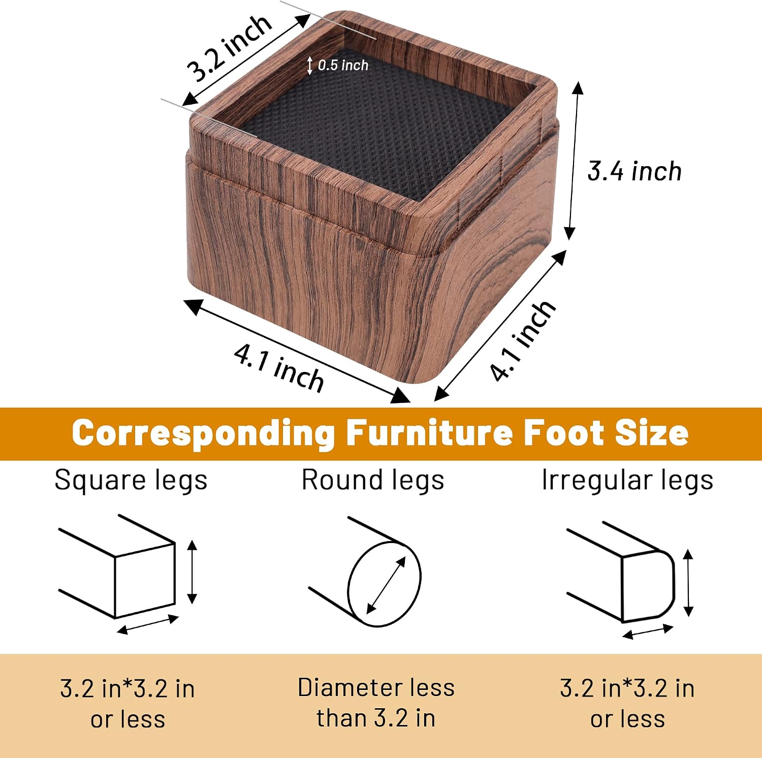 BTSD-home Wood Bed Risers 3 Inch, 8 Pack | Heavy Duty Square Furniture Risers, 2,200 lb, Anti-Slip Pads, Dorm Room