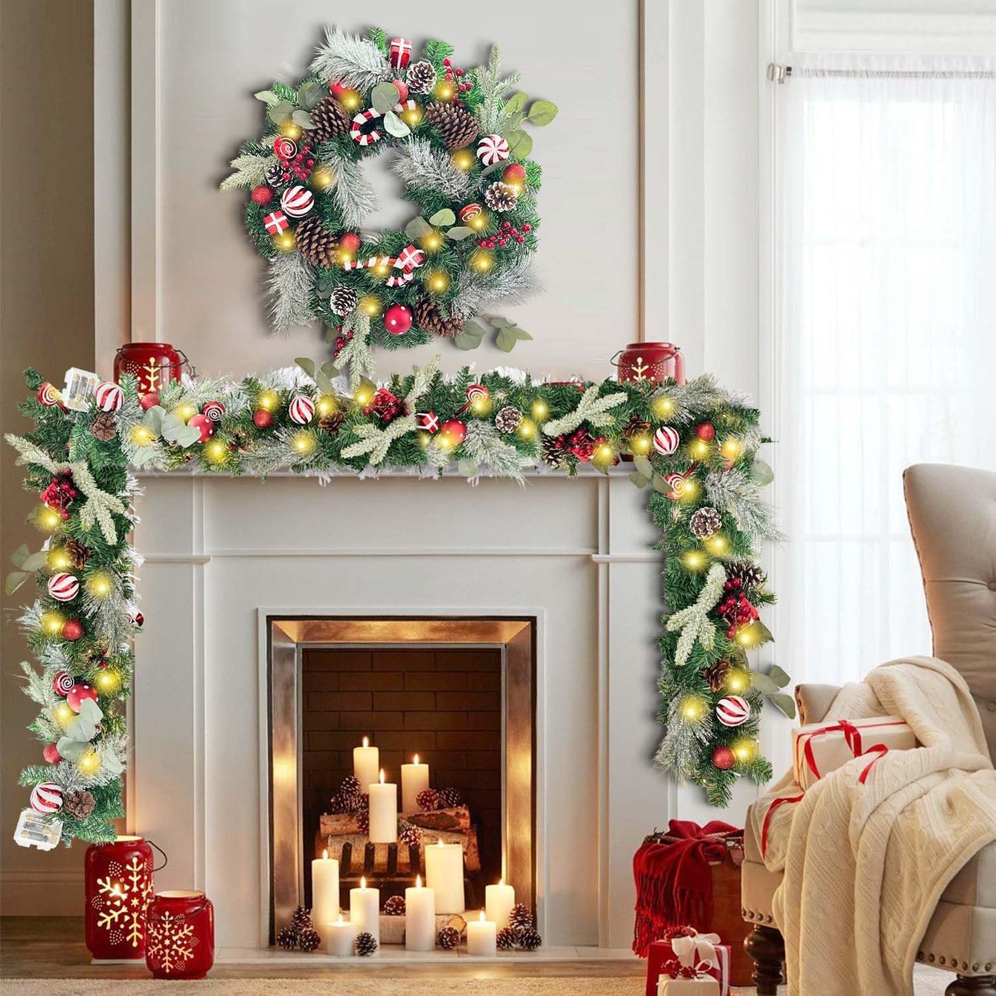 WANNA-CUL Pre-Lit 6ft Red White Christmas Garland with 30 LED Lights | Candy Cane Xmas Lighted Garland for Mantel with