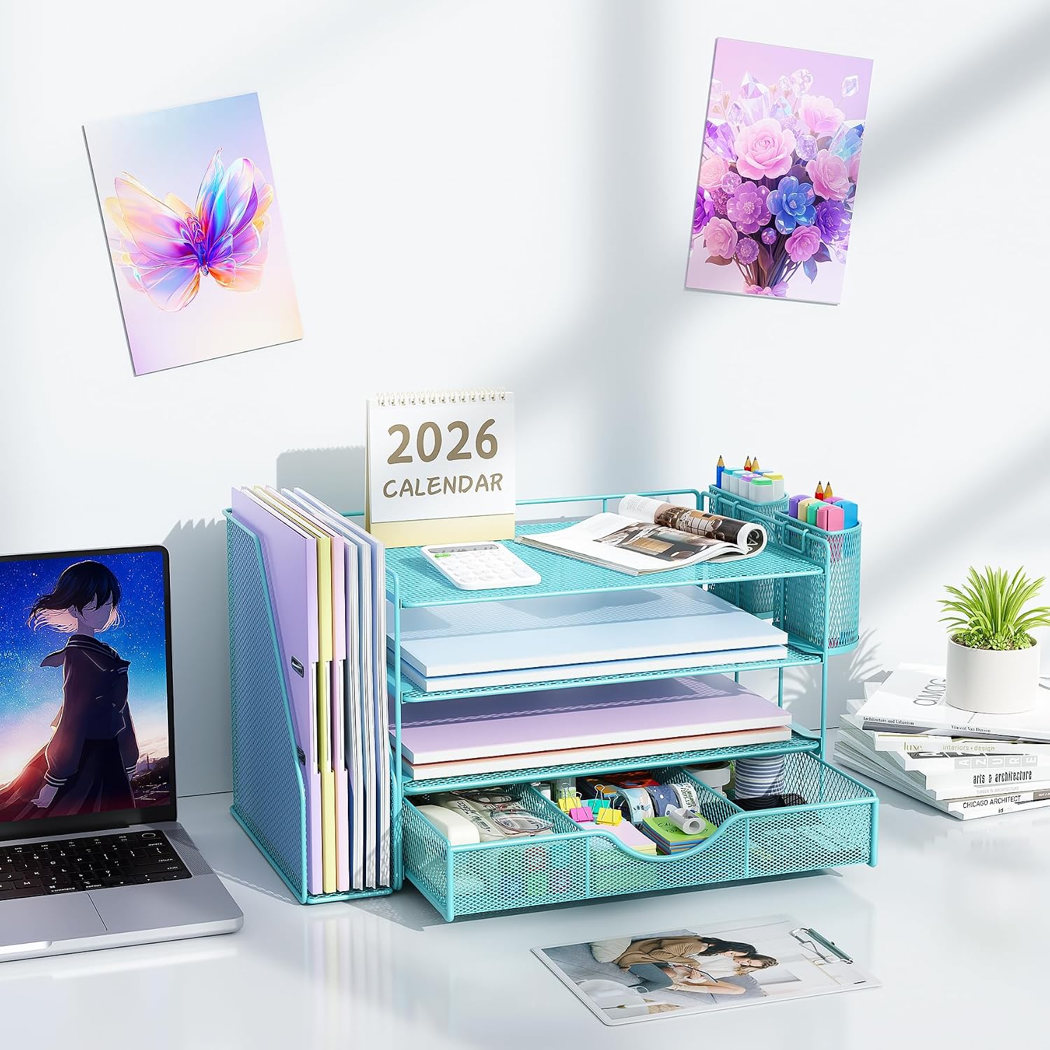 gianotter Desk Organizers and Accessories with File Holder, 4-Tier Desk Accessories & Workspace Organizers with Drawer