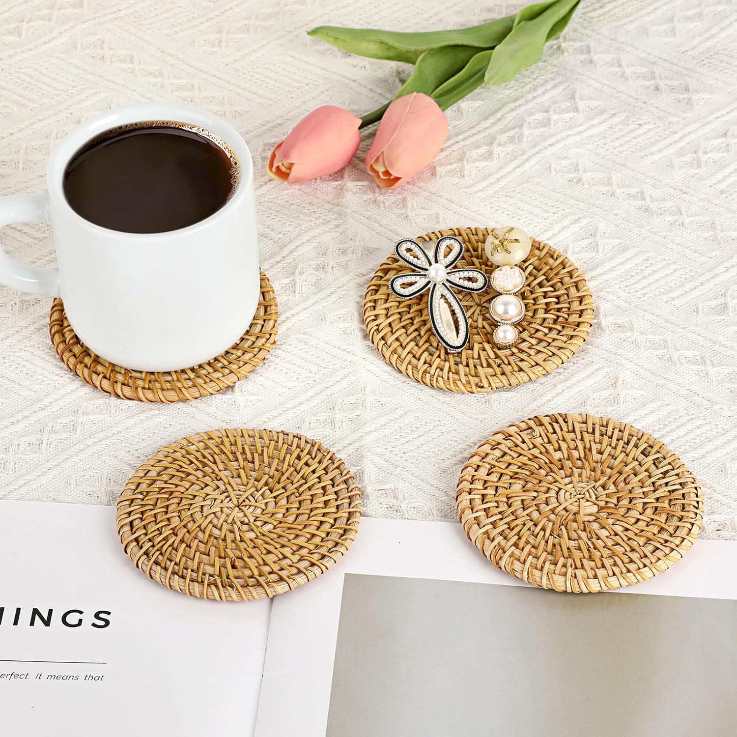 Holder / Boho Cup Coaster / Natural Rattan / Set of 6