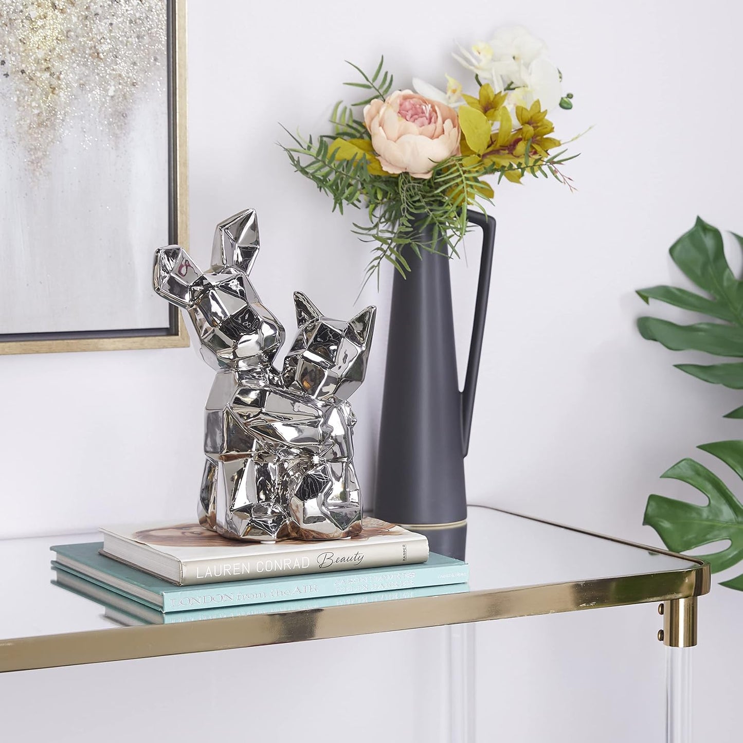 Deco 79 Porcelain Dog Cubist Sculpture / Silver / 8 x 5 x 12