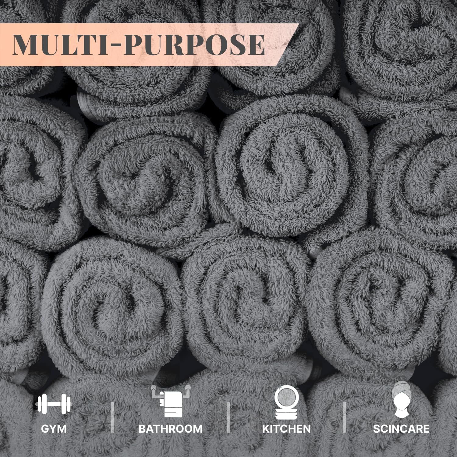 White Classic Wealuxe Dark Gray Washcloths 48 Pack - 600 GSM 100% Ring-Spun Cotton Wash Cloths for Showering, Highly