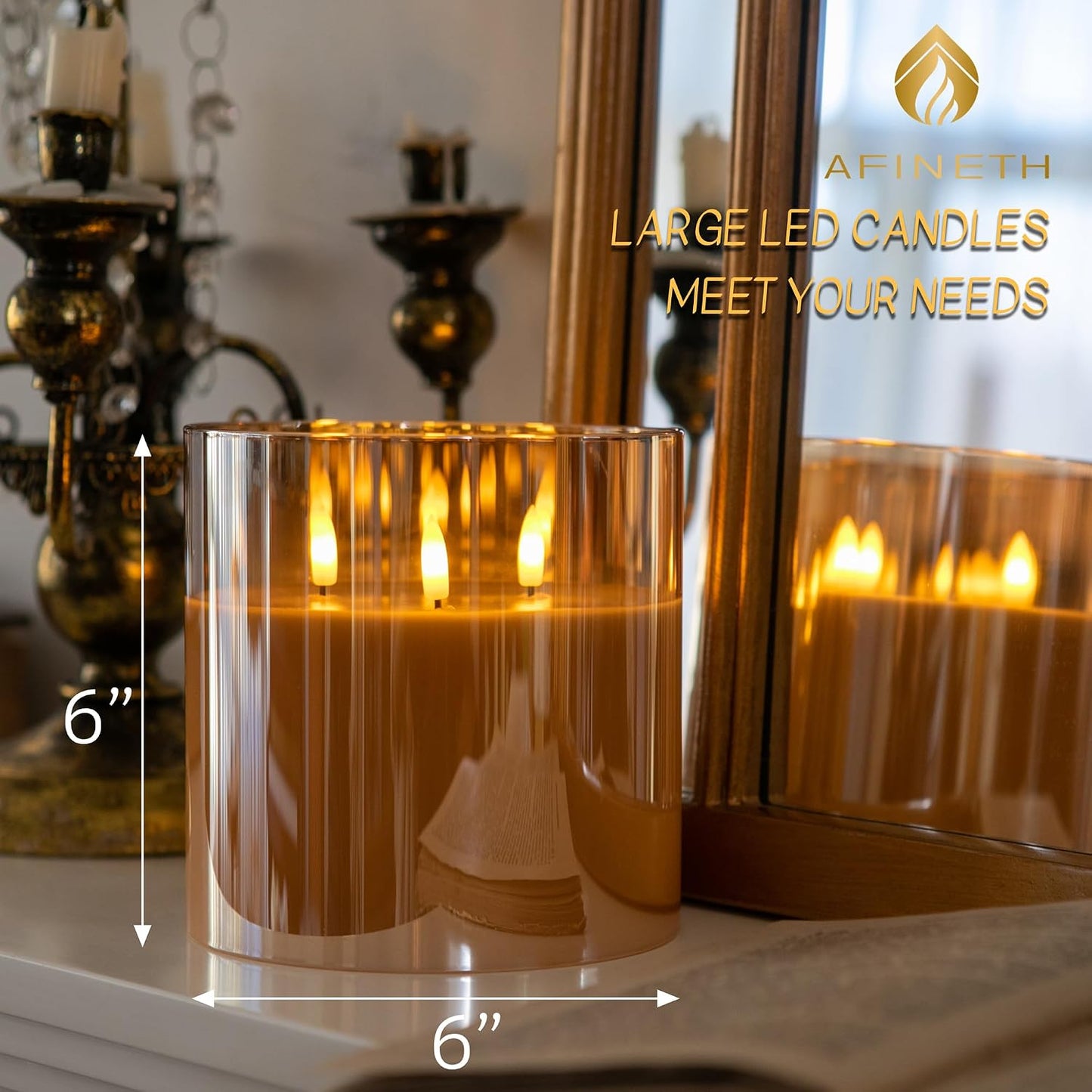 Extra Large Flameless Candles with 3 Wicks, 6"x6" Glass Battery Operated Candles with Remote, Real Wax Flickering LED