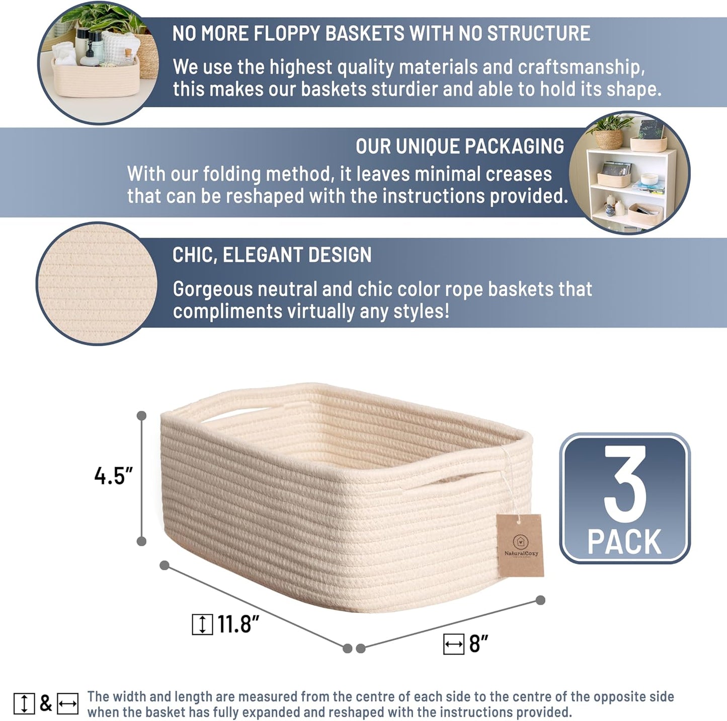 Cotton Rope Woven Small Baskets for Organizing / Beige / 11.8 x 8 x 4.5 / Set of 3