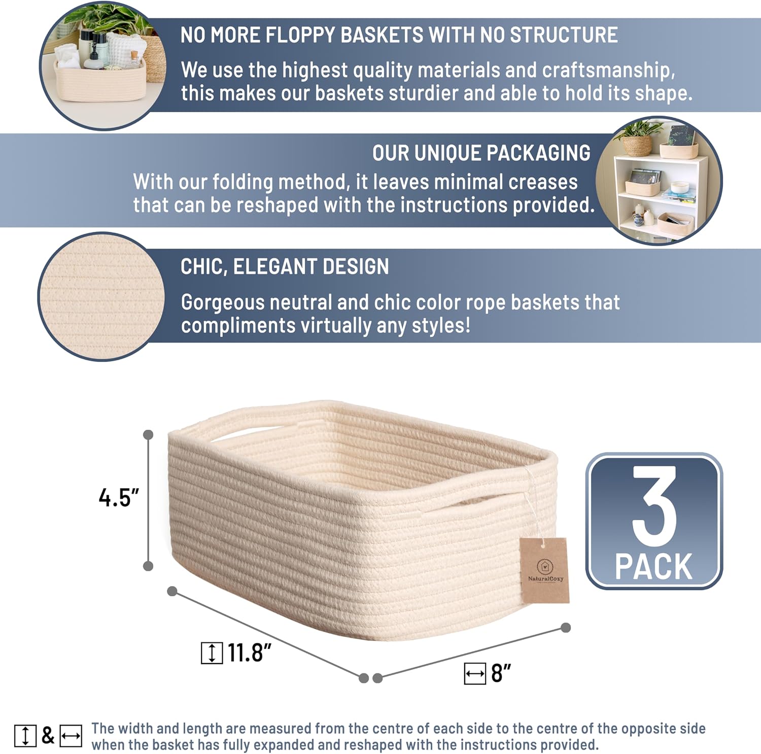 Cotton Rope Woven Small Baskets for Organizing / Beige / 11.8 x 8 x 4.5 / Set of 3