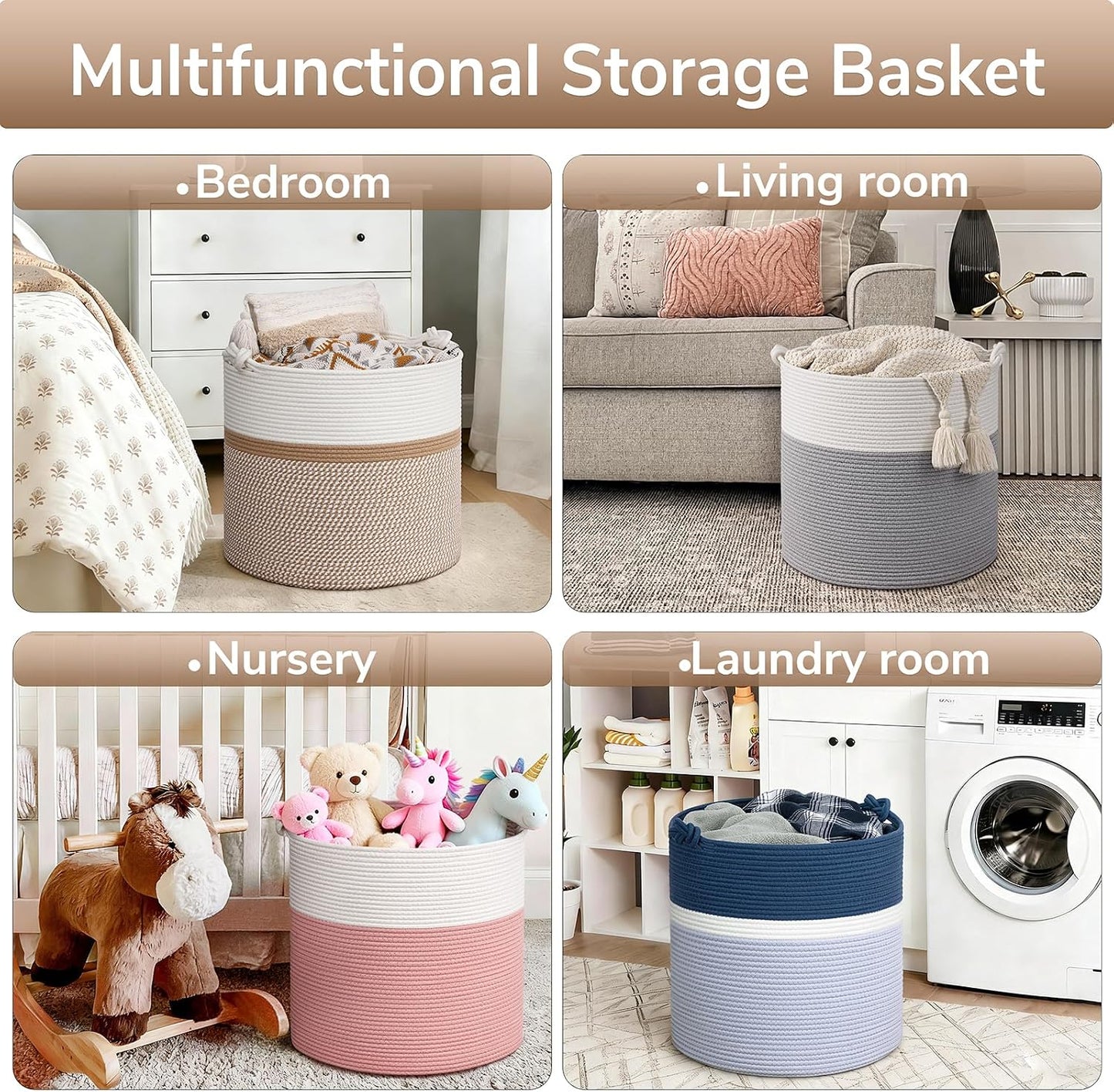Woven Laundry Basket for Blankets Pillows Clothes / White & Brown Mix / 17 x 16