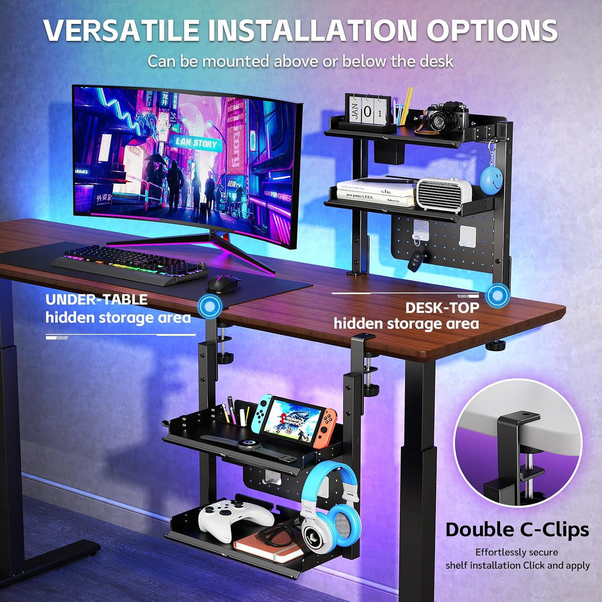 Metal Clamp On Desk Shelf,Storage Shelves with Pegboard and Pencil Holder | 2-Tier Adjustable 16 inch Above or Under