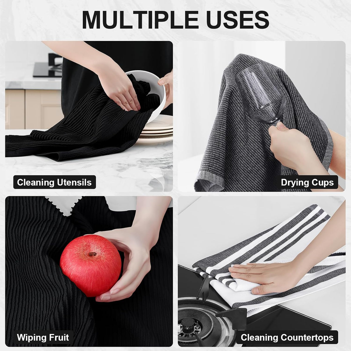 Homaxy Cotton 380 GSM Premium Kitchen Towels, 18"x 28", 12 Pack, Black | Soft and Absorbent Terry Dish Towels