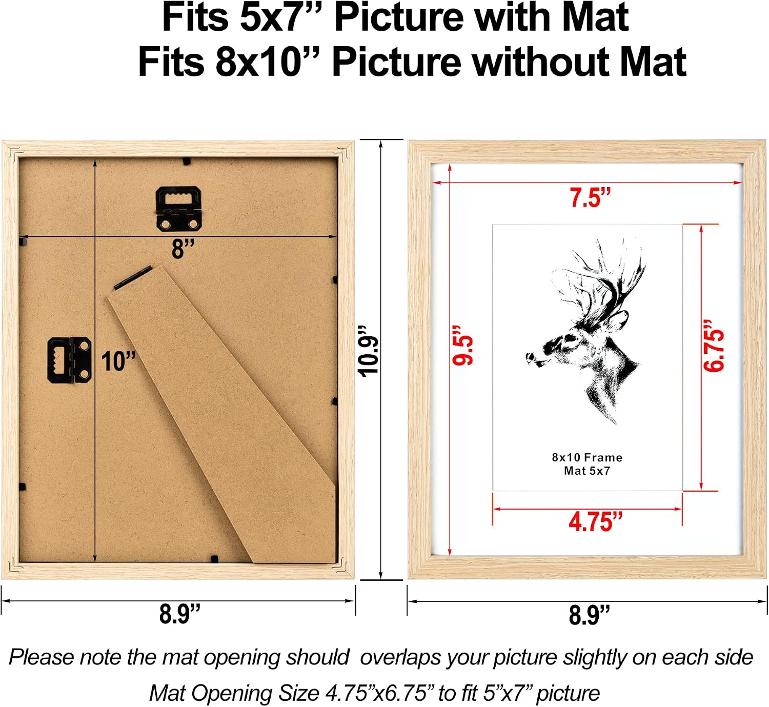 Yaetm 8x10 Picture Frame Matted to 5x7 Set of 4, Natural Solid Oak Wood 8x10 Frames with Tempered Glass for Wall