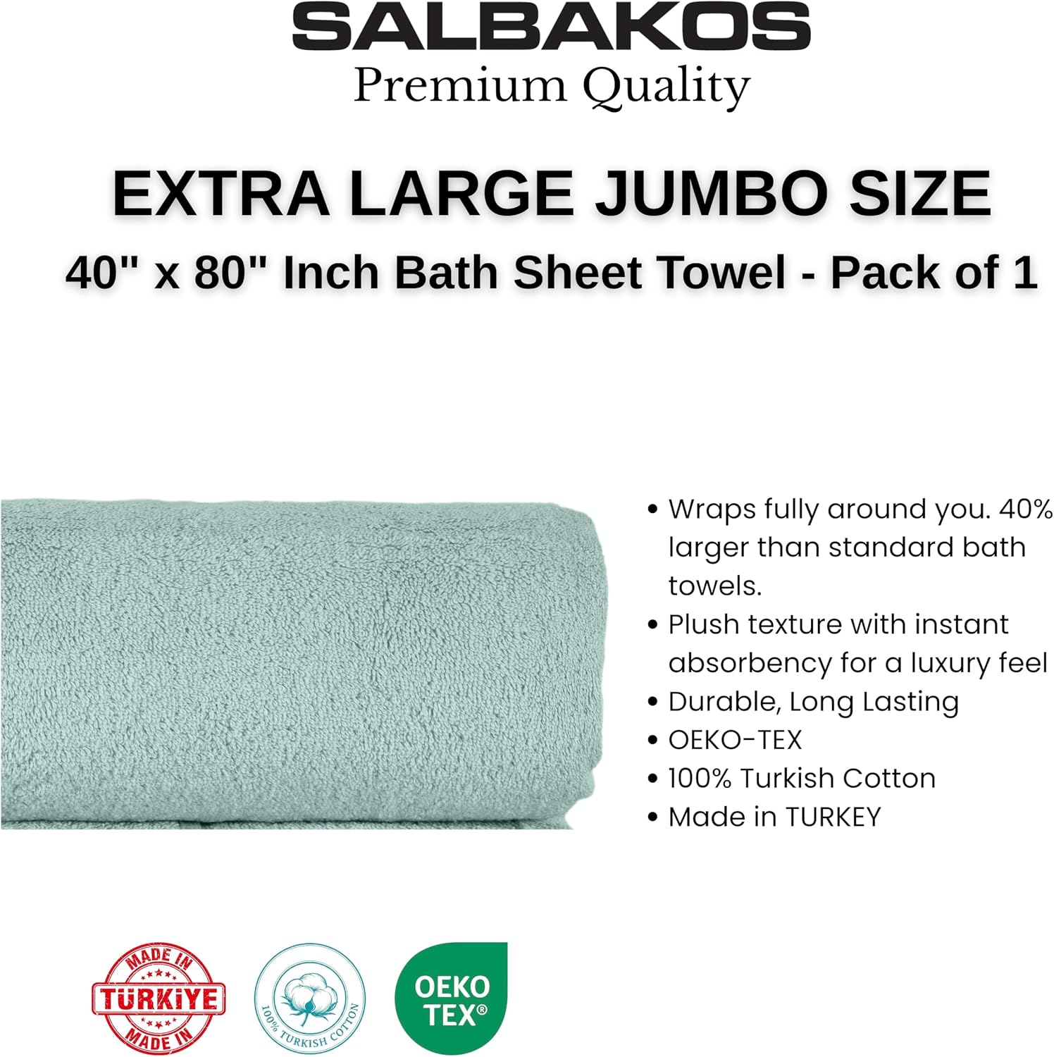 SALBAKOS 100% Turkish Cotton Bath Sheet 40x80 inch (1-Piece Seafoam Green) | Extra Large Jumbo Oversized Bathroom and