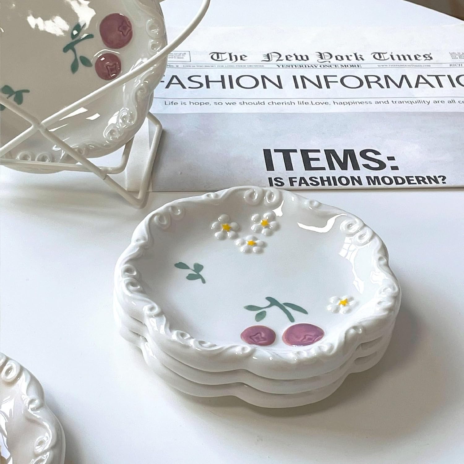 Egg Shaped Jewelry Tray Ceramic Ring Holder Dish / #c Cherries - Egg-shaped Jewelry Tray / 9.5 x 7.5