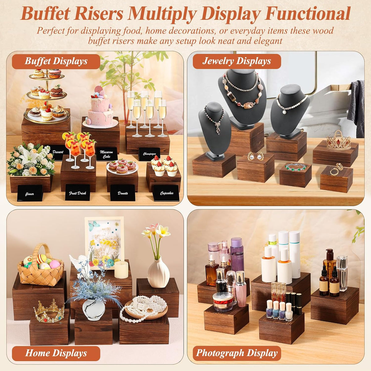 Qinzave 7 Pack Wooden Risers Display Stands with Acrylic Maker Pen and Mini Sign, Food Risers for Buffet Table Shelf