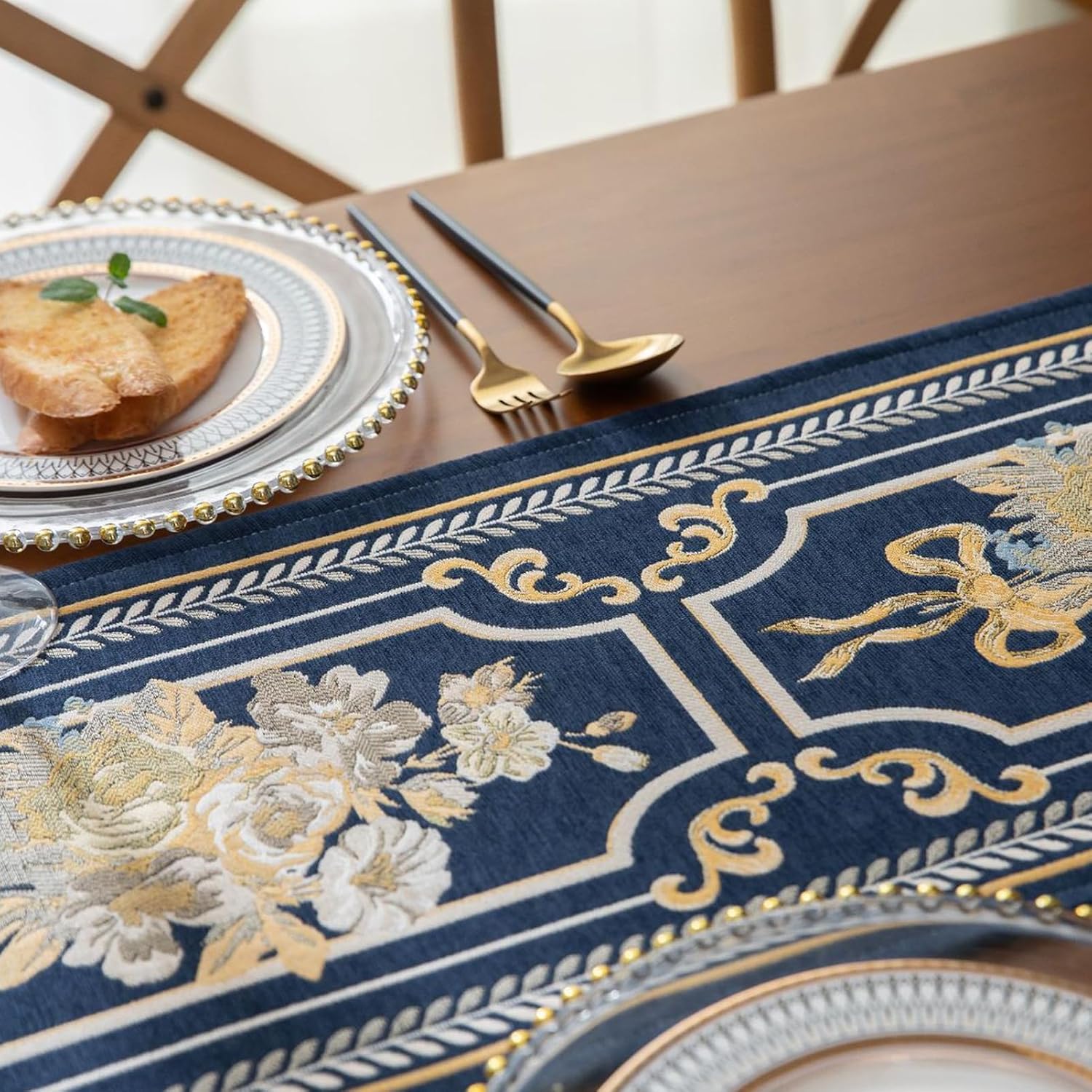 Embroidery Luxury Table Runner, Long Blue Dining Table Runner, Elegant Jacquard Dresser Scarf with Multi-Tassels for