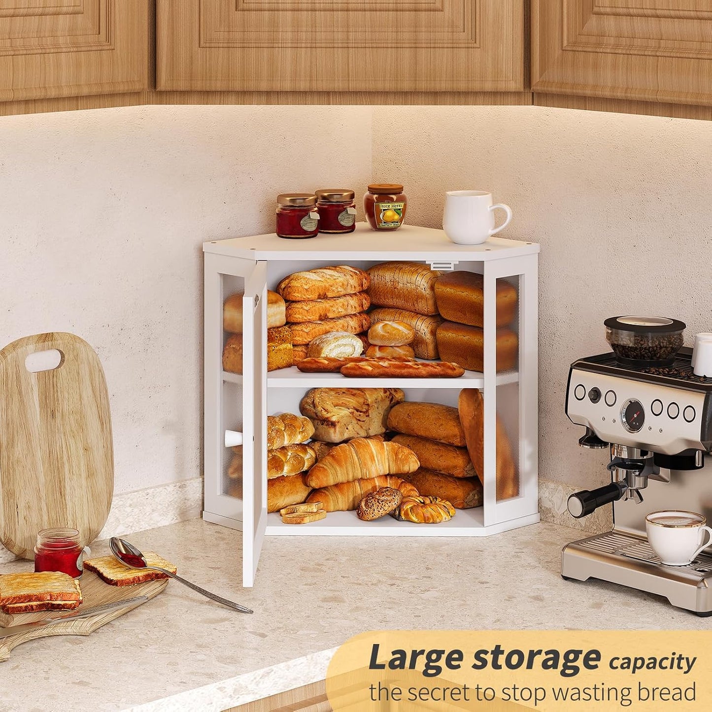 Corner Bread Box for Kitchen Countertop,Bread Storage for Homemade Bread, Double Layer Large Bamboo Kitchen Storage Bin