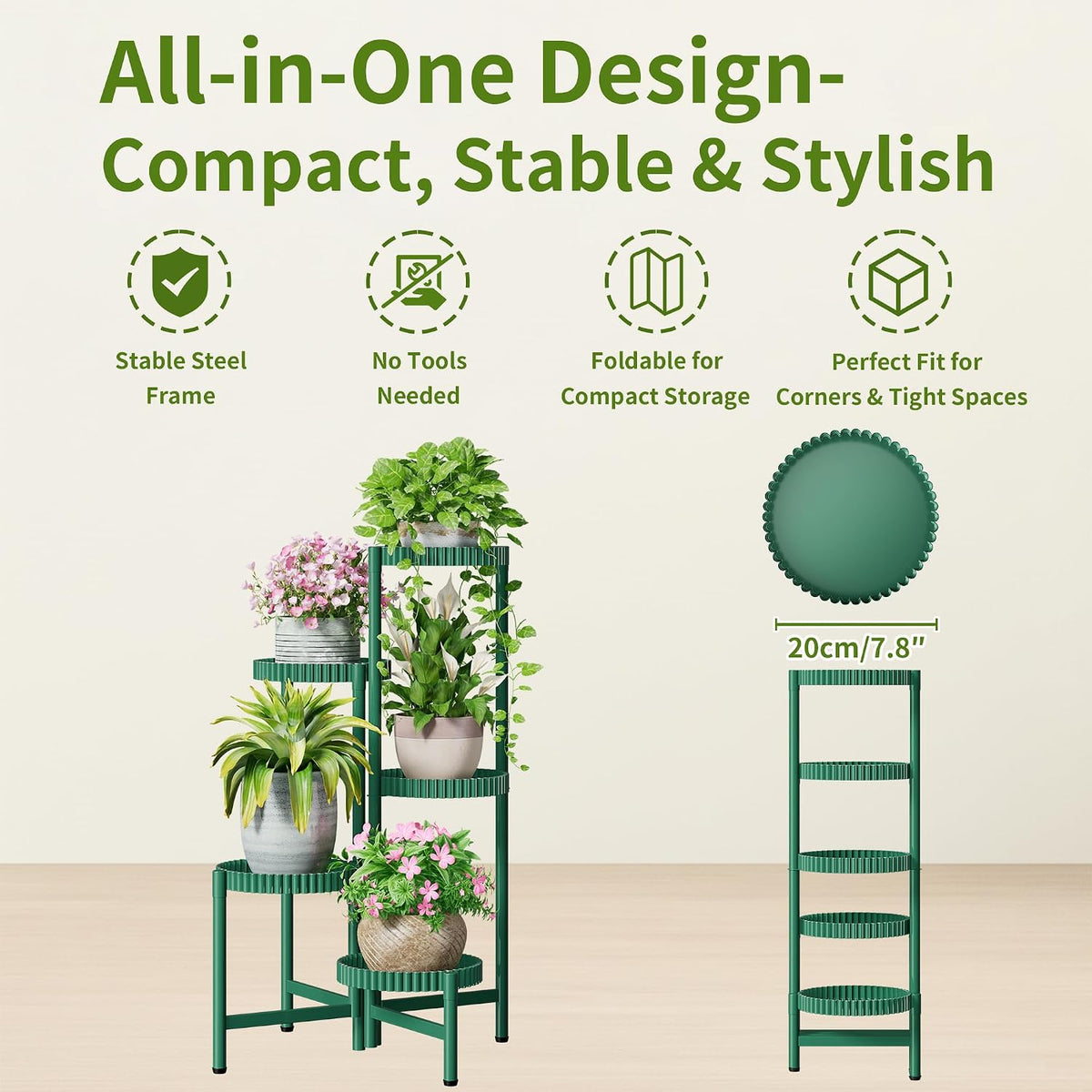 5 Tier Large Plant Stand Indoor, 7.9 Inch Wide Corner Tall Metal Plant Stands Outdoor for Multiple Plants, Folding