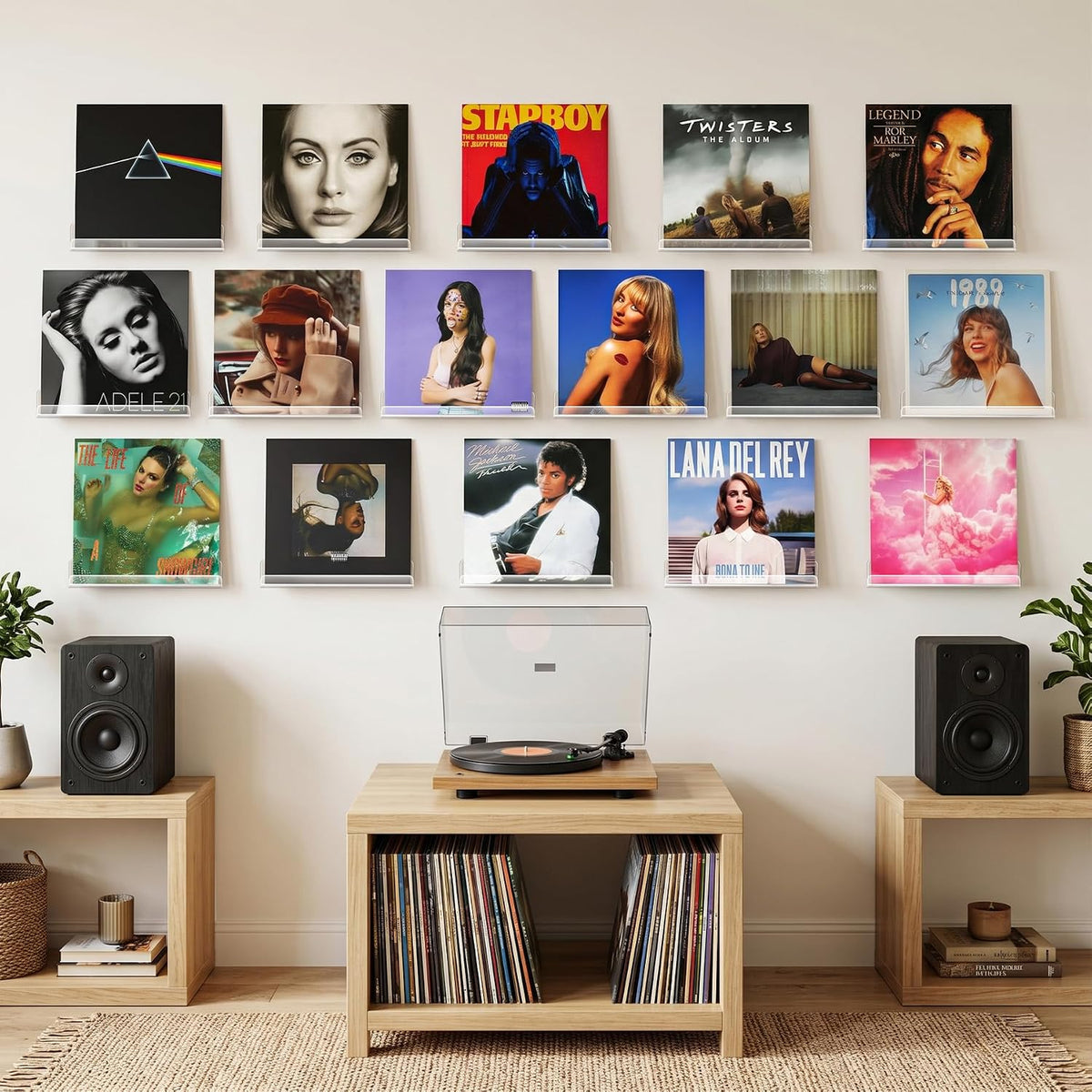 Gotega Vinyl Record Shelf Wall Mount 16 Pack, 12 inch Album Record Display | Clear Acrylic Floating Shelves for Wall