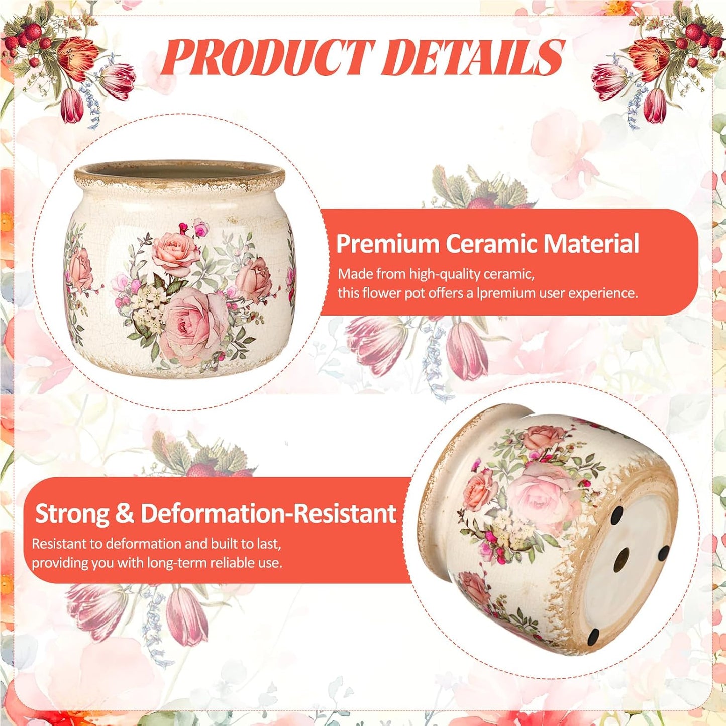 Vintage Planter Large Ceramic Plants Pot Ice Crack Cottage Scroll Vase / European Rose / Beige Pink