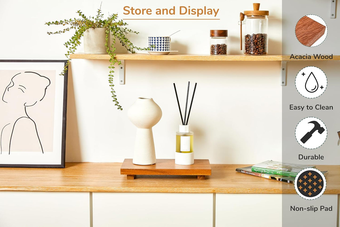 Medium 12" Acacia Wood Riser Pedestal Stand for Kitchen Counter | Farmhouse Wood Display Riser for Kitchen and Bathroom