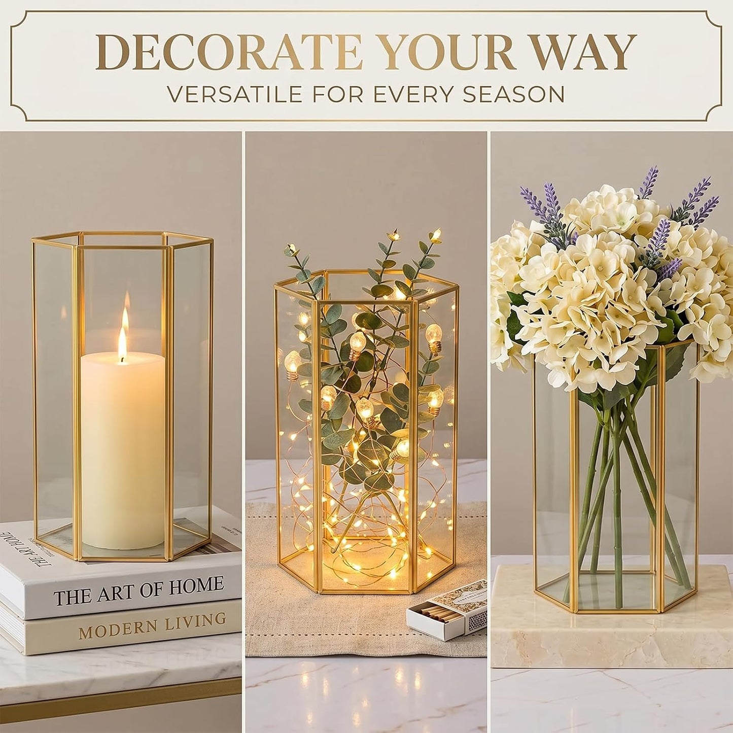 Gold Glass Hurricane Candle Holder Set of 3 Large Clear Hexagon Lanterns | Pillar Candle Lantern with Gold Metal Frame