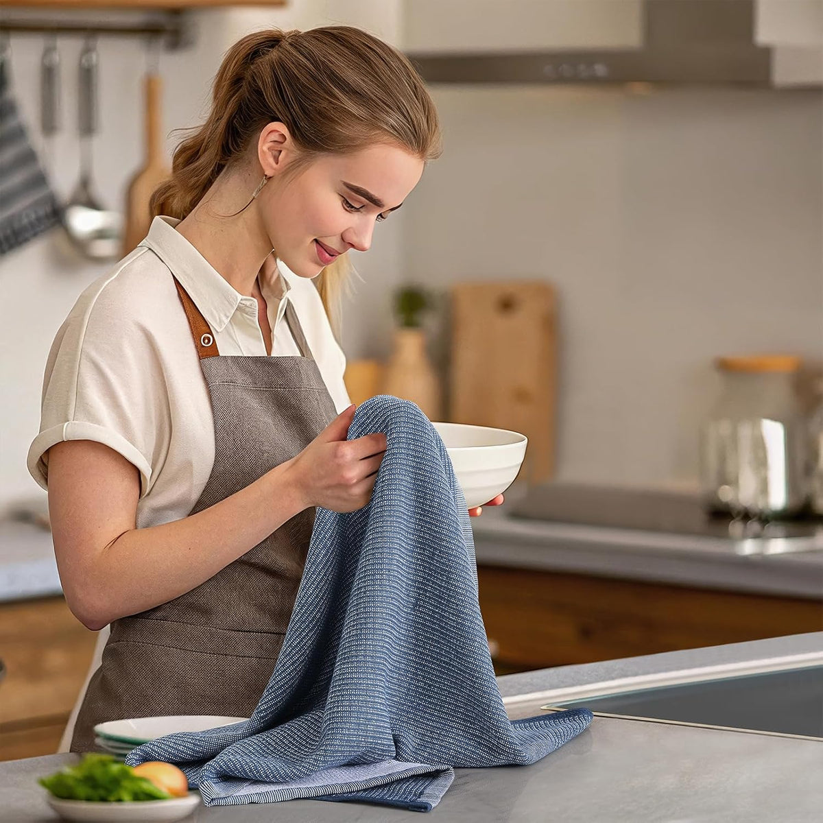 Mordimy Premium Large Cotton Kitchen Towels (18"x 28", 8 Pack), Navy Blue | 100% Ring Spun Cotton, Super Absorbent, 380