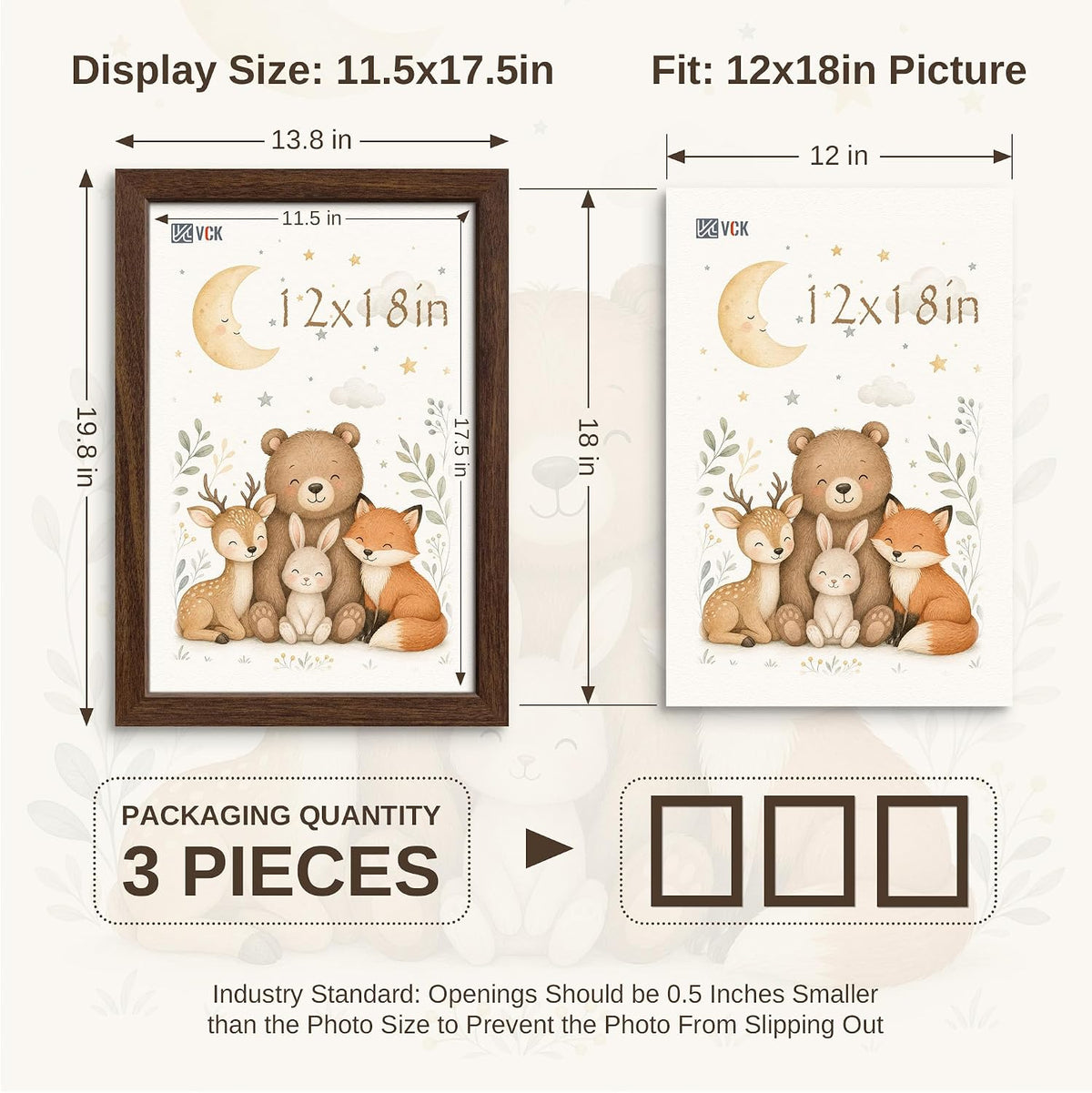 VCK 12x18 Picture Frames Set of 3, Brown Woodgrain, Wall Hanging | Wide Border, Exclusive Woodgrain, Shatterproof