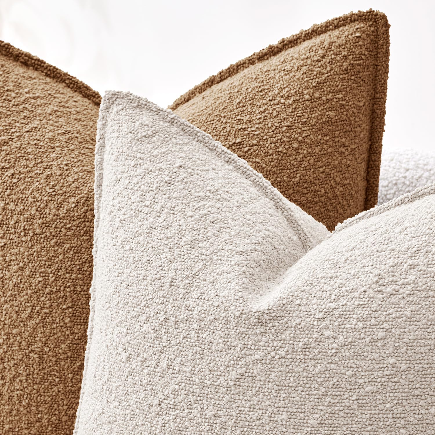 Decorative Textured Boucle Throw Pillow Covers Broadside Thick / 18 x 18 / Natural Beige / Set of 2