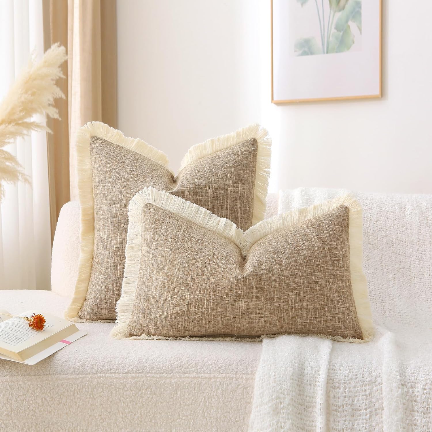 Khaki Boho Burlap Fringe Decorative Throw Pillow Covers Rectangle / Taupe / 20 x 12 / Set of 2