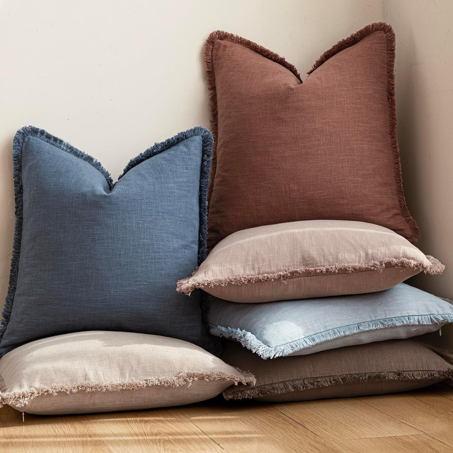 Decorative Linen Fringe Throw Pillow Covers Boho Farmhouse / 18 x 18 / Autumn Glaze / Set of 2