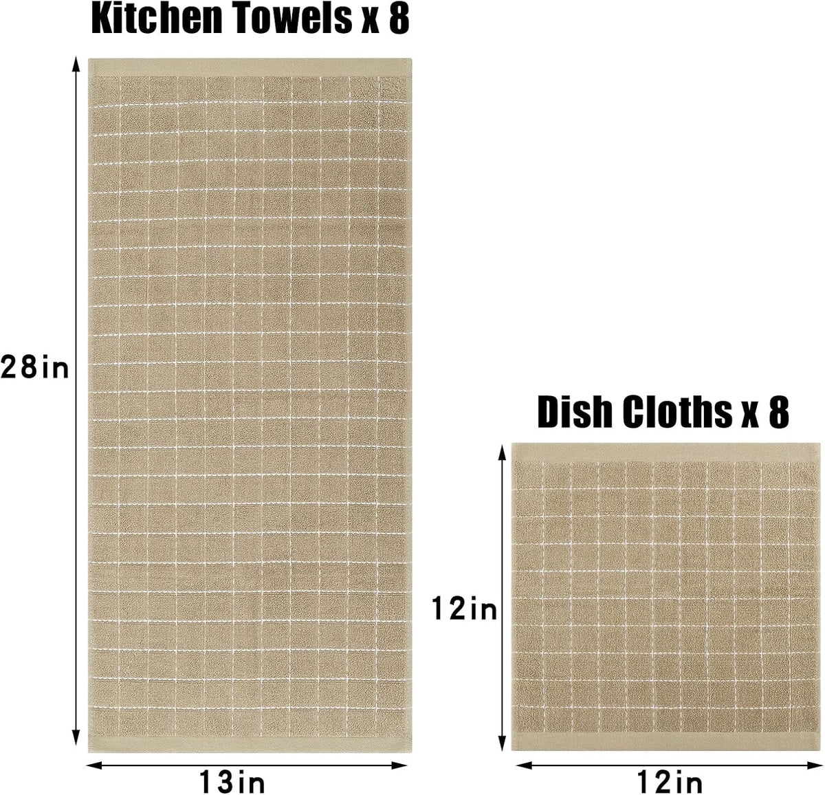Homaxy Kitchen Towels and Dishcloths Set, Set of 16, Tan | Bulk Cotton Terry Kitchen Towels, Checkered Designed, Soft