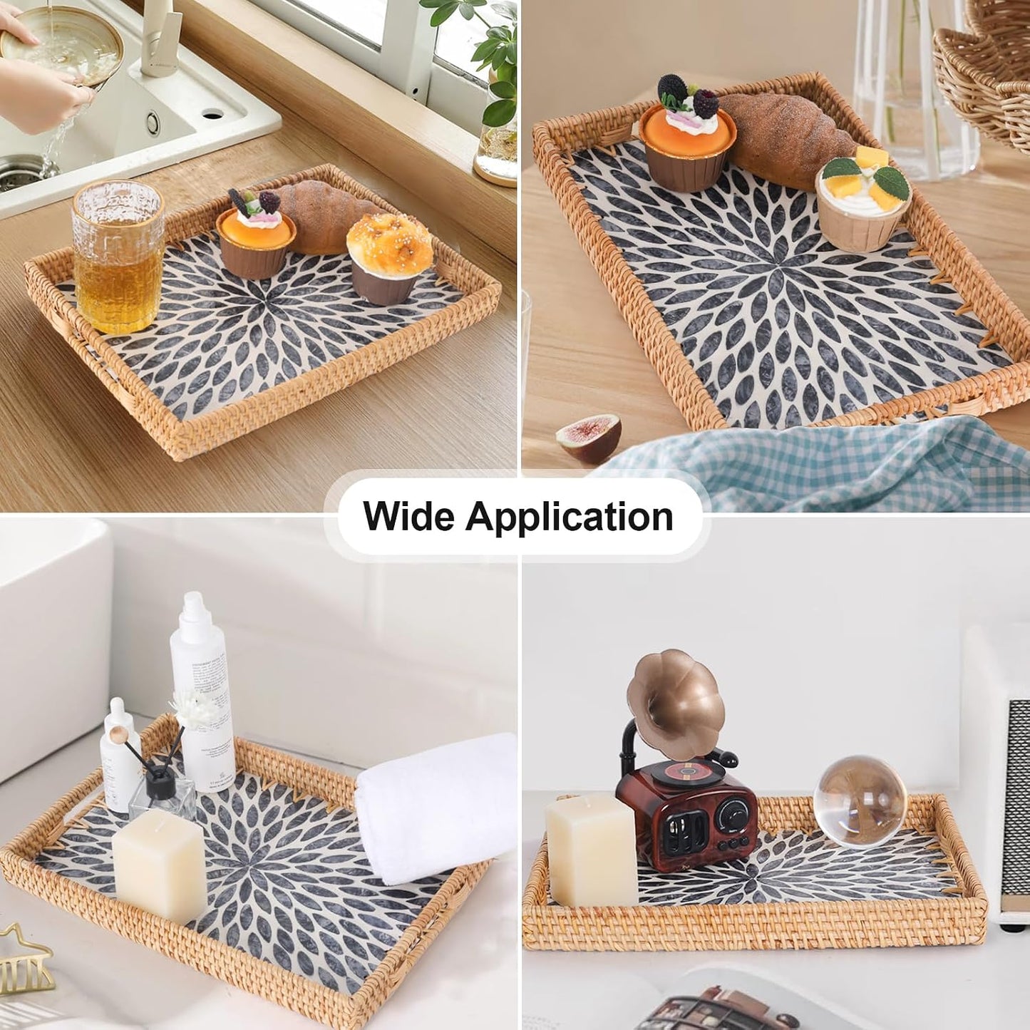 Rattan Serving Tray / Black Leaf