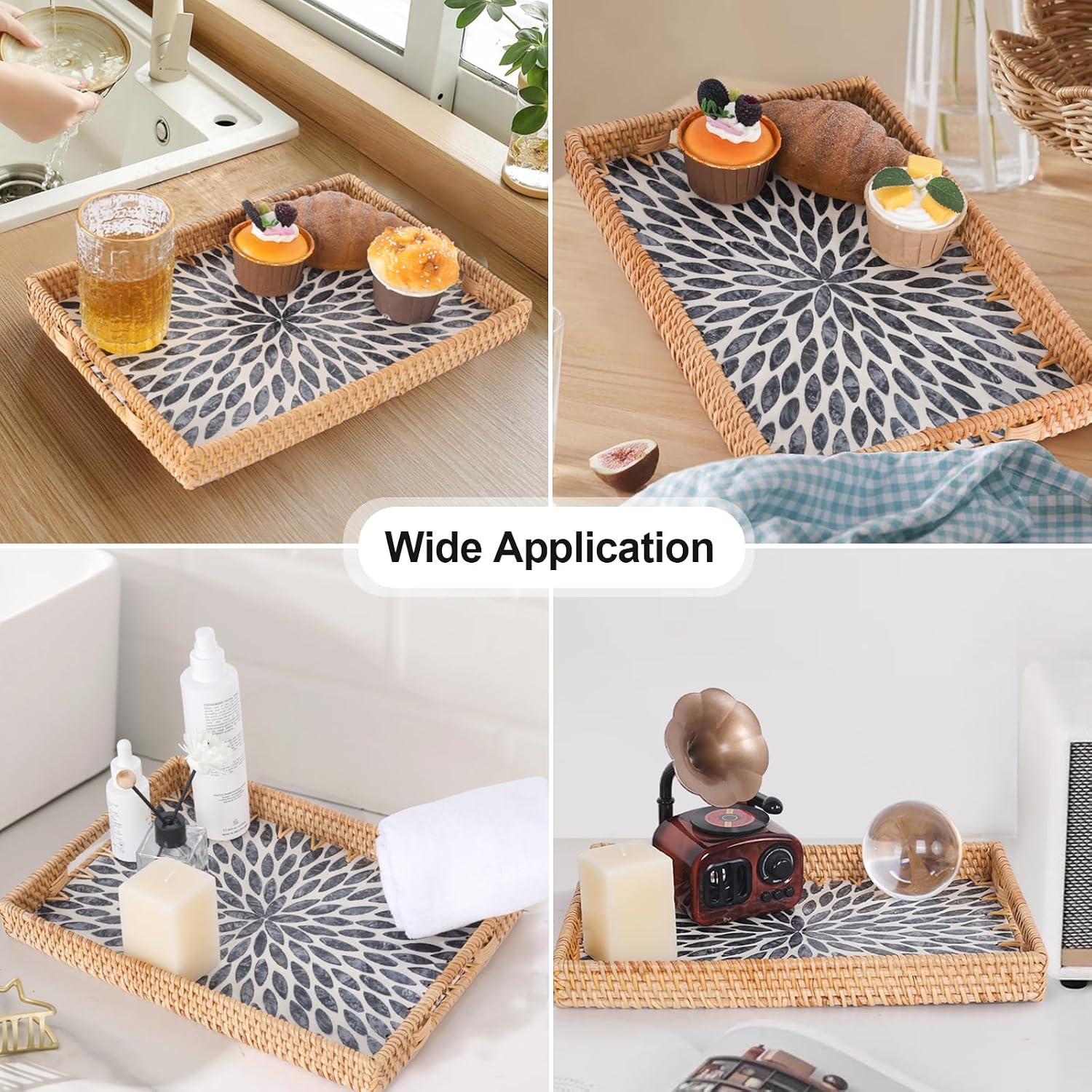 Rattan Serving Tray / Black Leaf