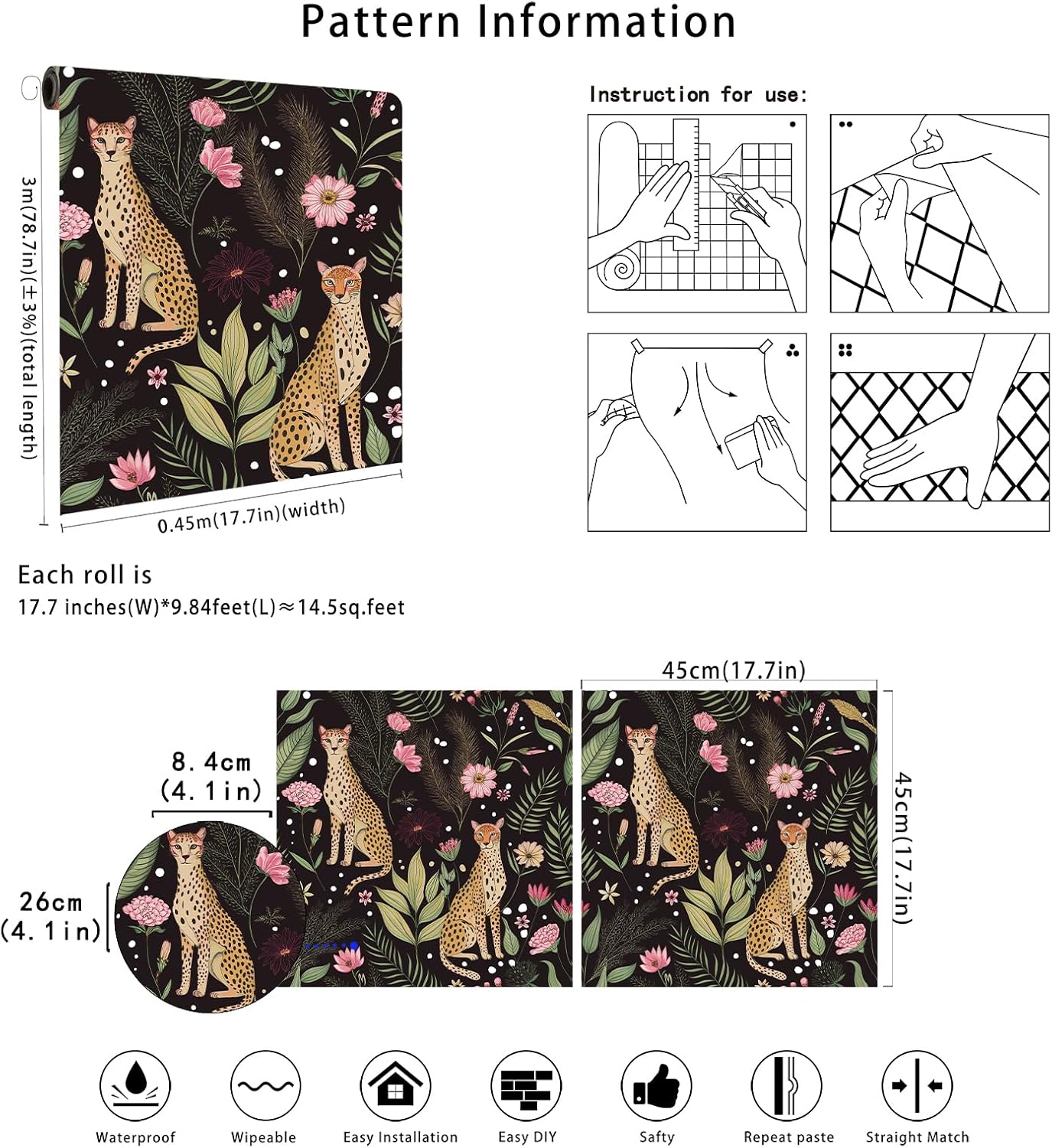Peel and Stick Wallpaper Jungle Leopard Wallpaper Removable Floral Wallpapers / Black / 17.5 x 118
