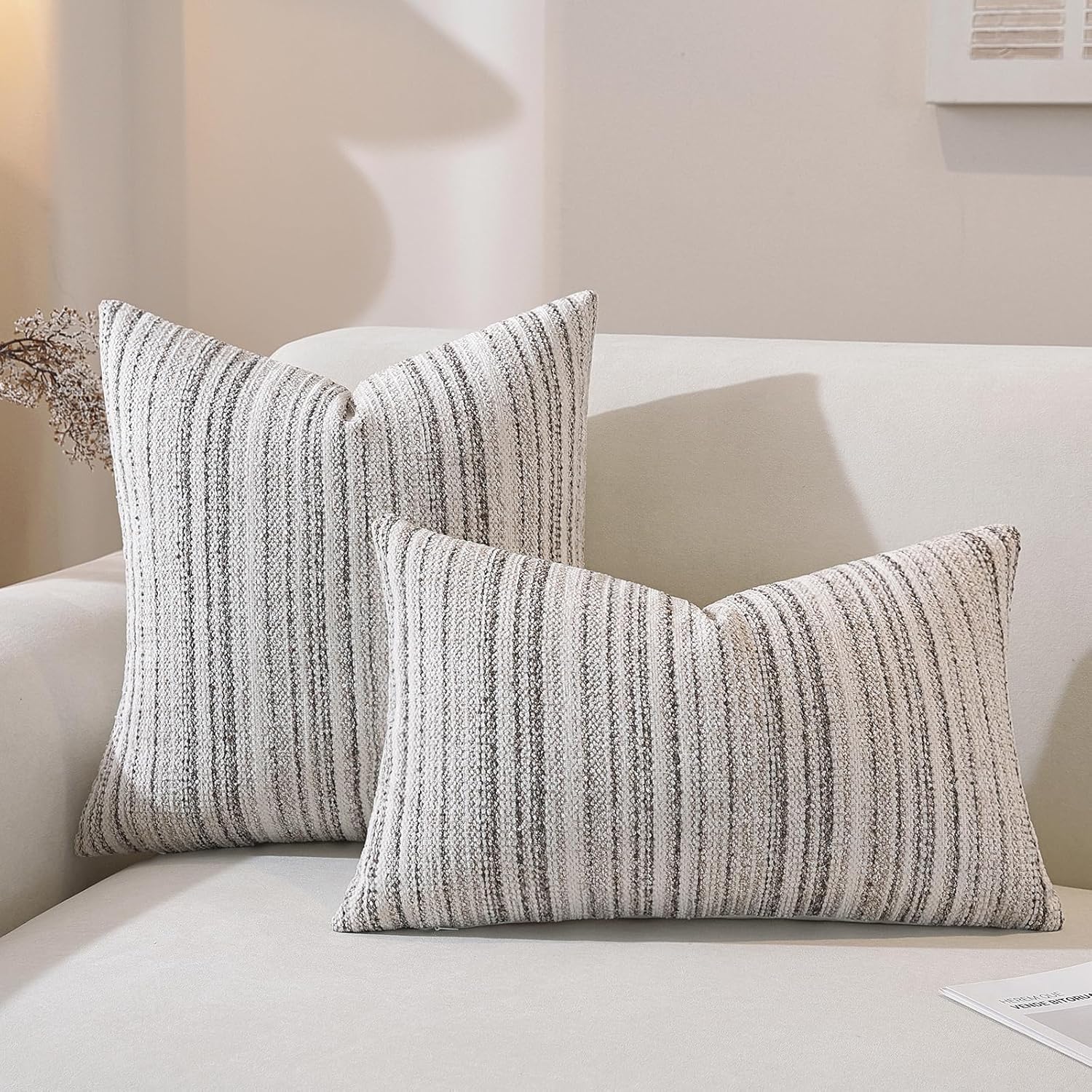 Chenille Throw Decorative Pillow Covers / Coffee Stripe / 18 x 18 / Set of 2