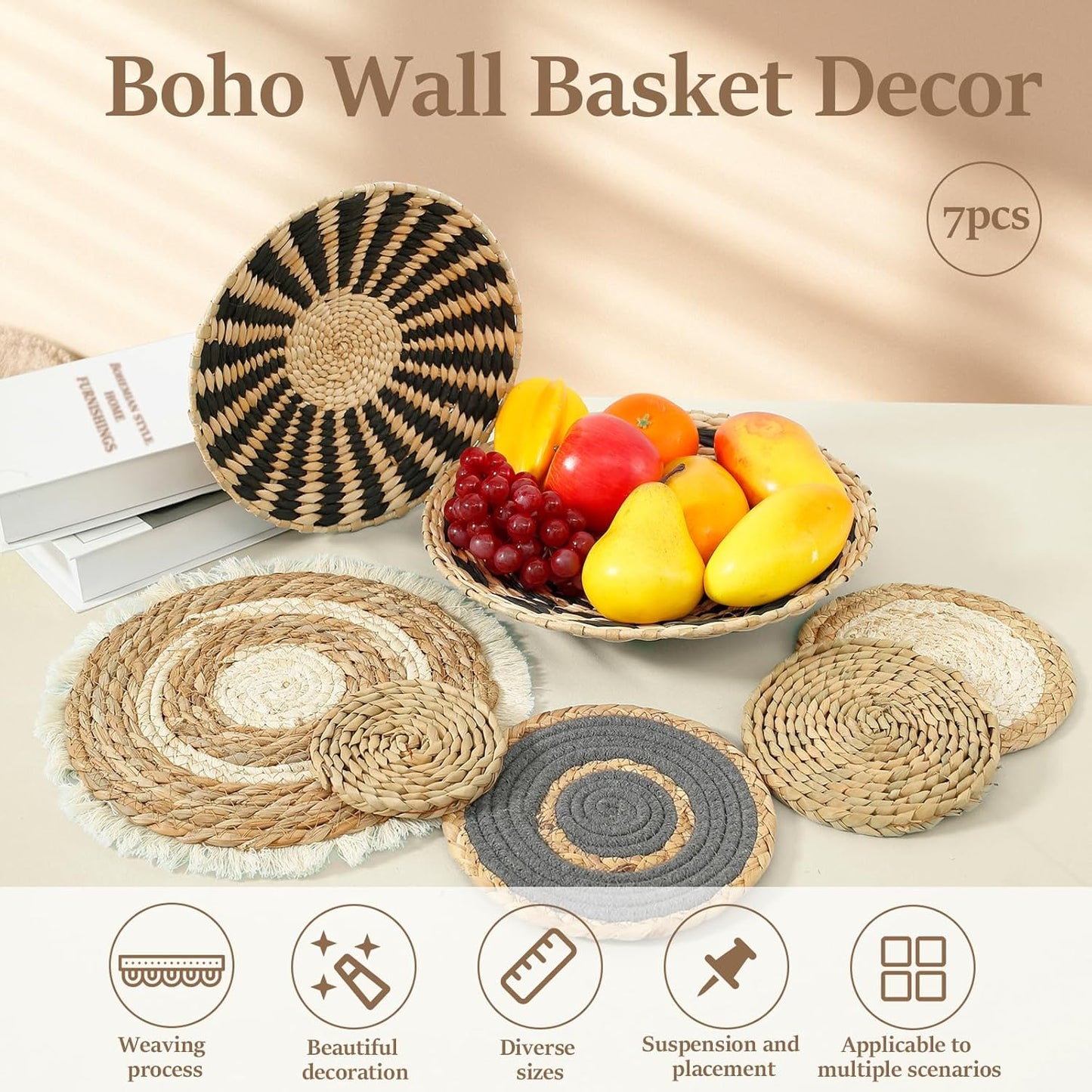 Boho Wall Art Decor Hanging Handcrafted Seagrass Woven Basket Wall Decor Round / B1 / Set of 7