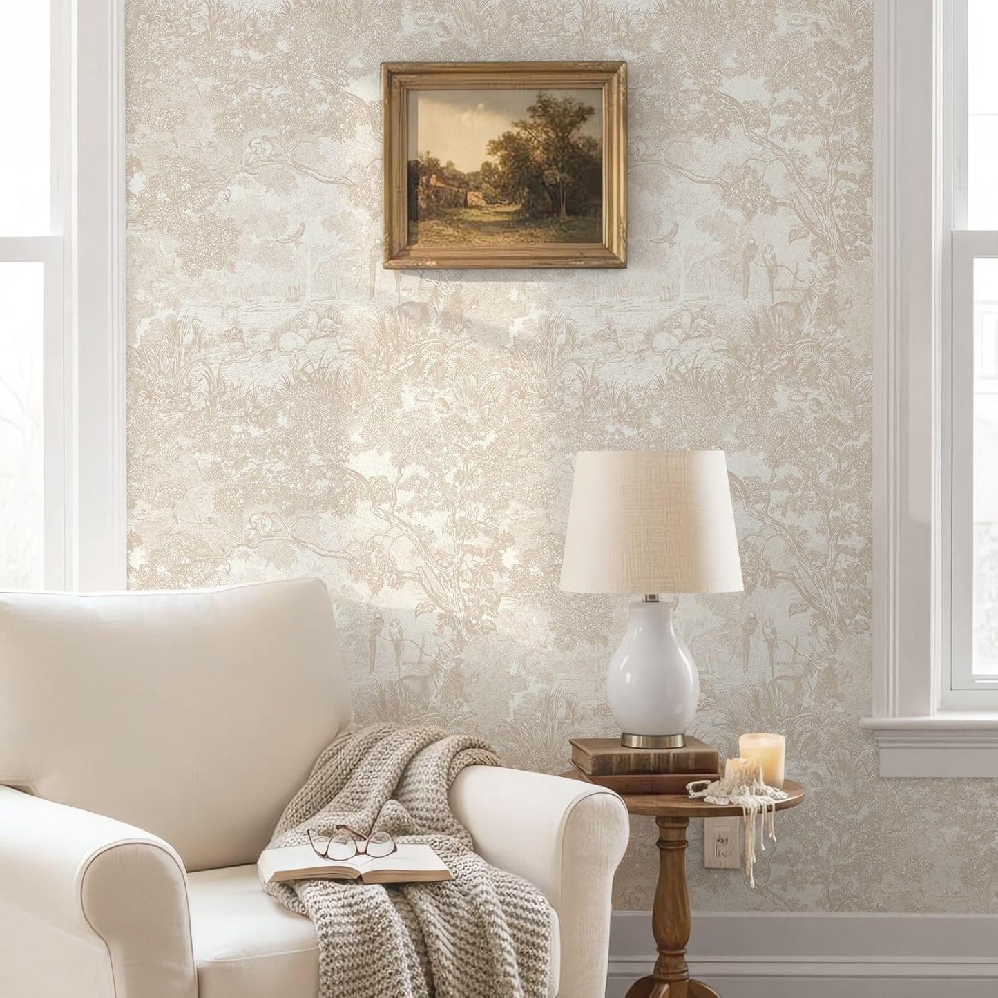 Vintage Wallpaper Peel and Stick Neutral Wallpaper ft Forest Animals Contact / 17.3 x 197 / Beige