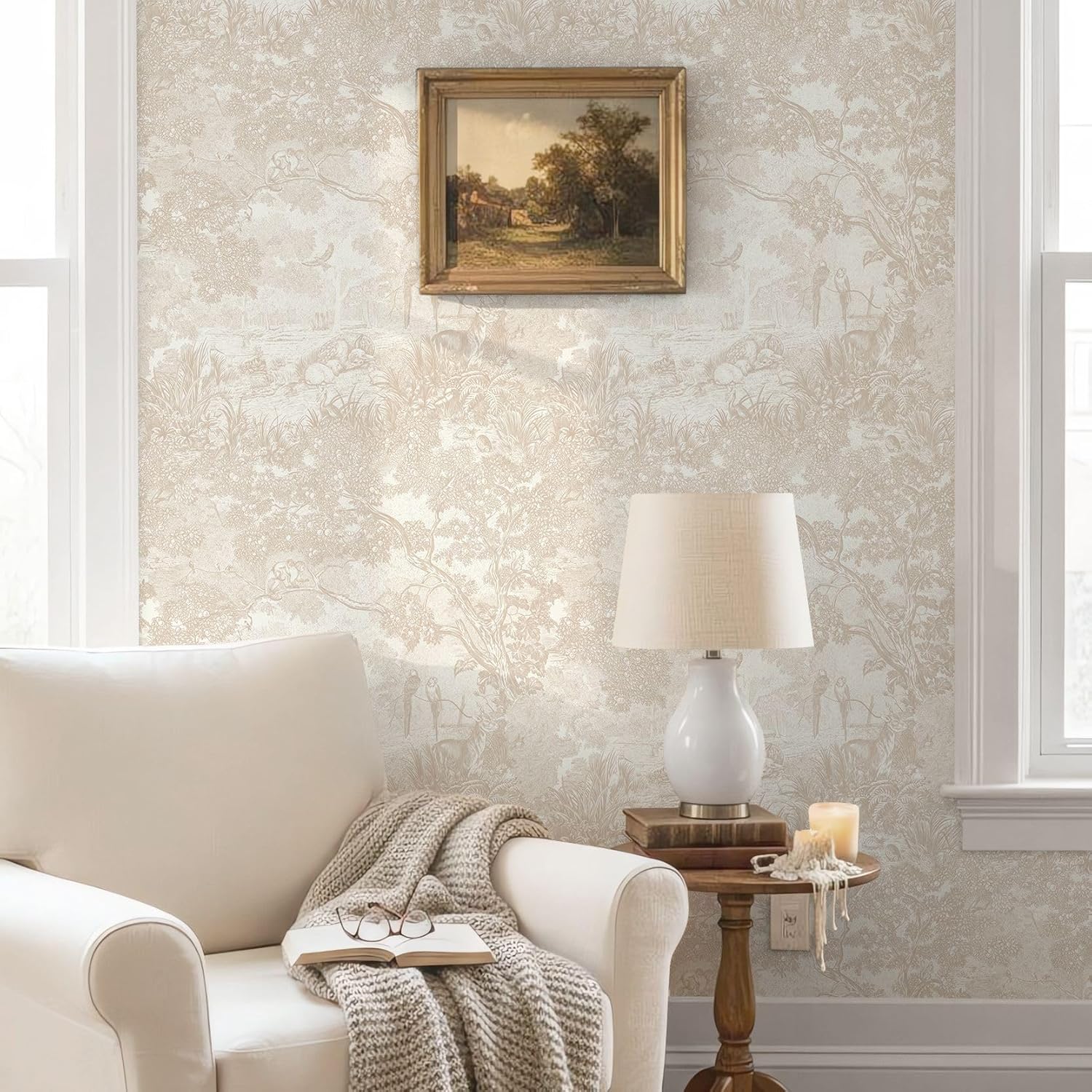 Vintage Wallpaper Peel and Stick Neutral Wallpaper ft Forest Animals Contact / 17.3 x 197 / Beige