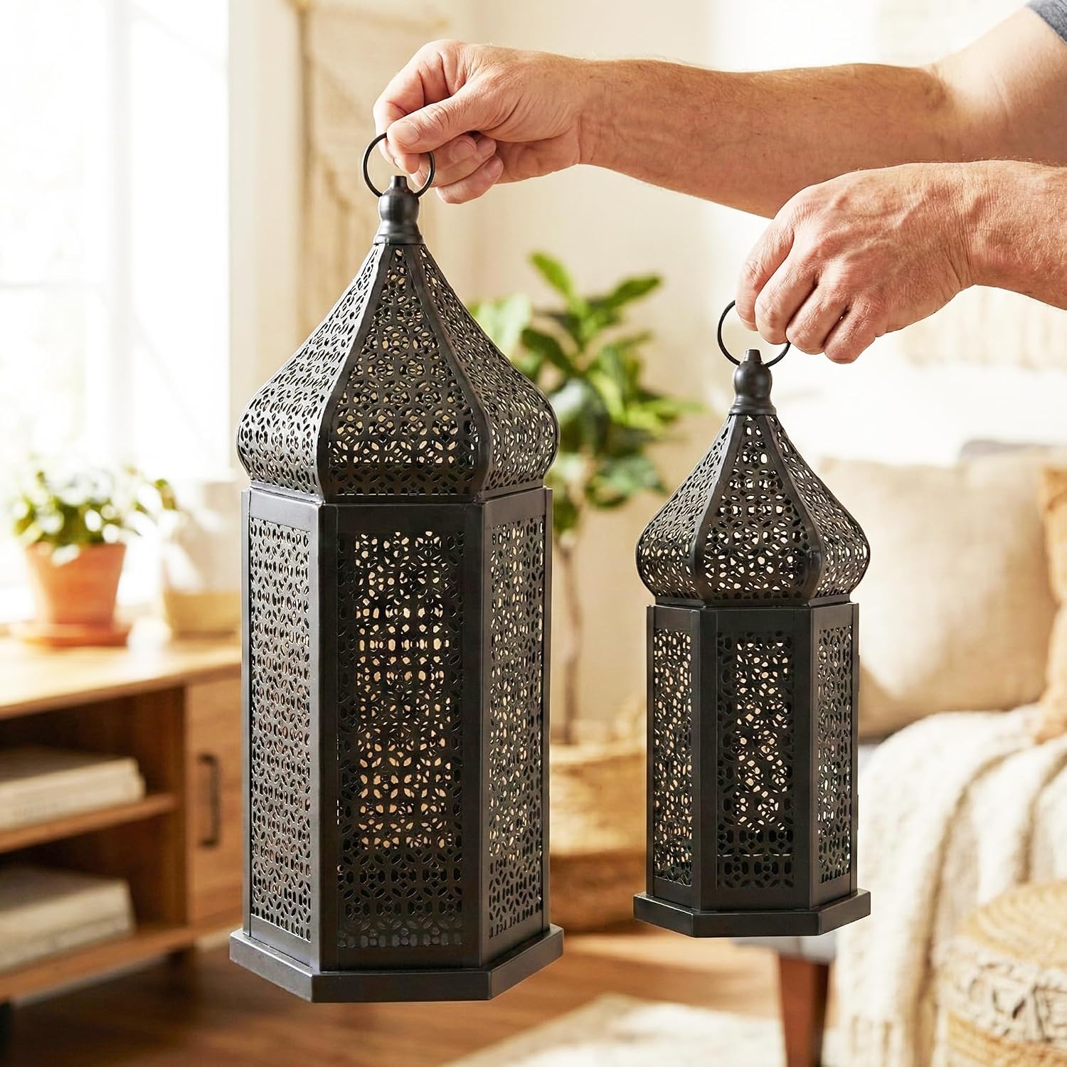 Vela Lanterns Decorative Indoor Black Moroccan Temple Lanterns, Set of 2 | Black Ramadan Decorations for Home, Eid