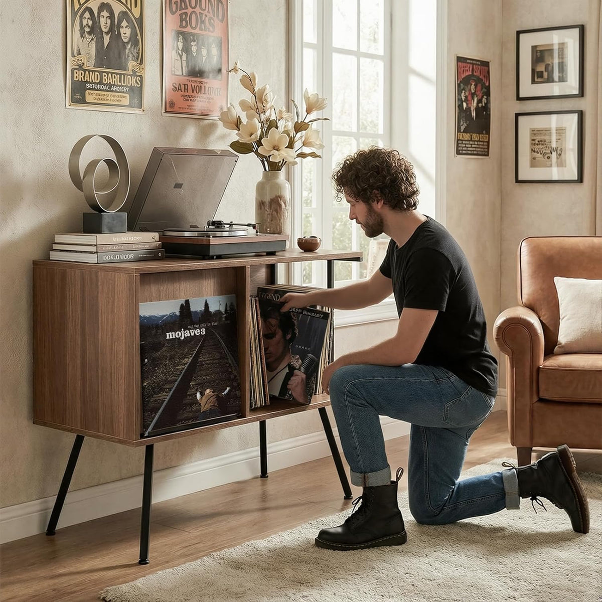 Faesun Record Player Stand with Flip-Down Record Shelf, Walnut | Vinyl Record Storage Holds up to 150+ Albums