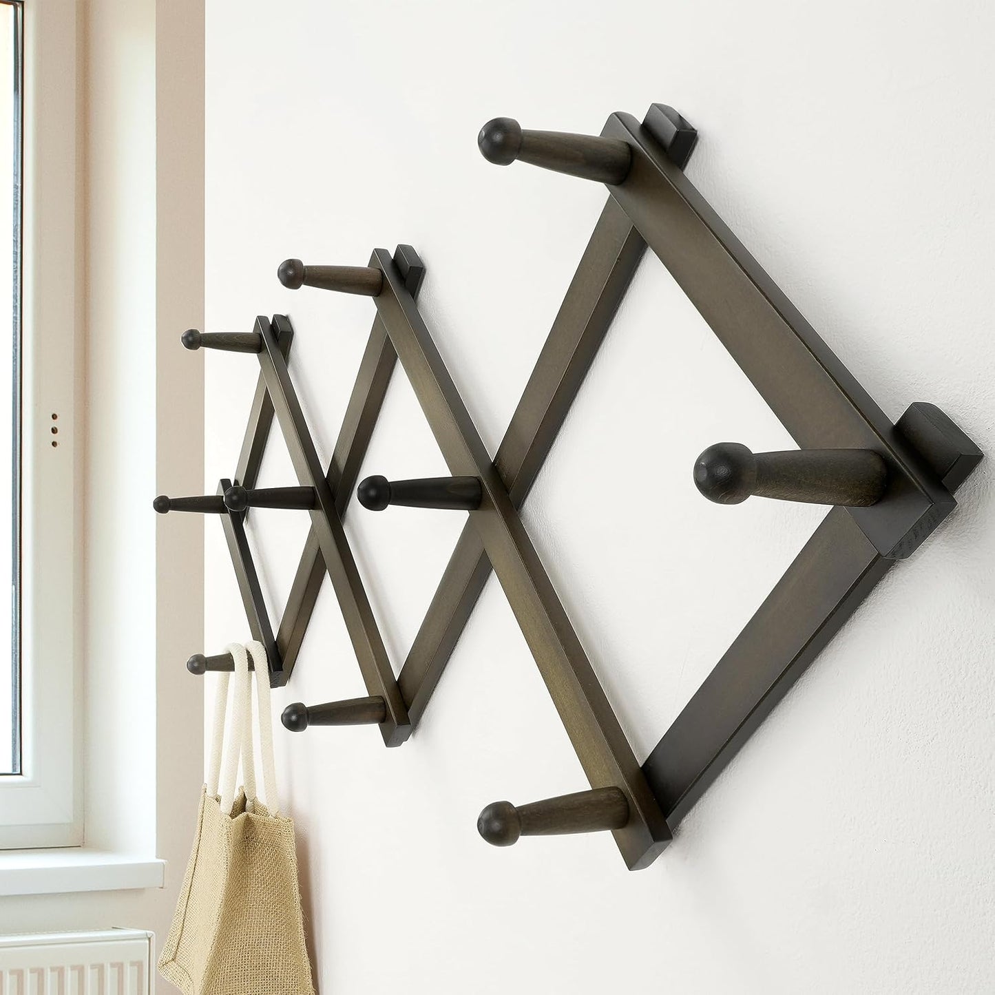Accordion Wall Hanger: 16" High Wooden Expandable Coat Rack,Hat Rack,Accordion Hook Wall Mount for Baseball