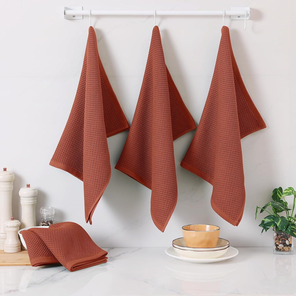 Homaxy 100% Cotton Oversized Waffle Weave Kitchen Towels 8-Pack, Rust | 20 x 28 Inches, Ultra Soft Absorbent Dish