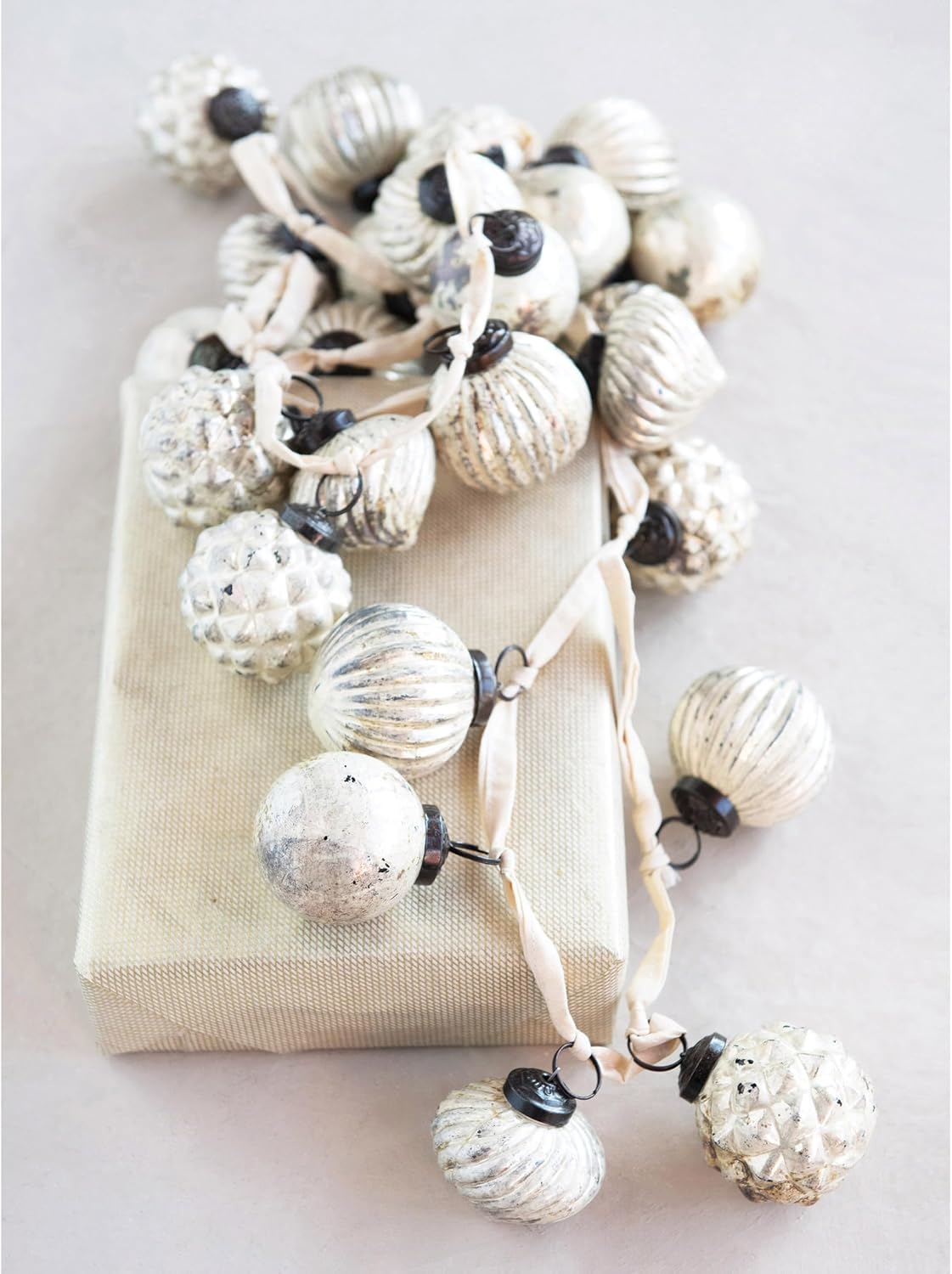 Creative Co-Op Embossed Mercury Glass Ball Ornament Garland, Distressed Matte Cream