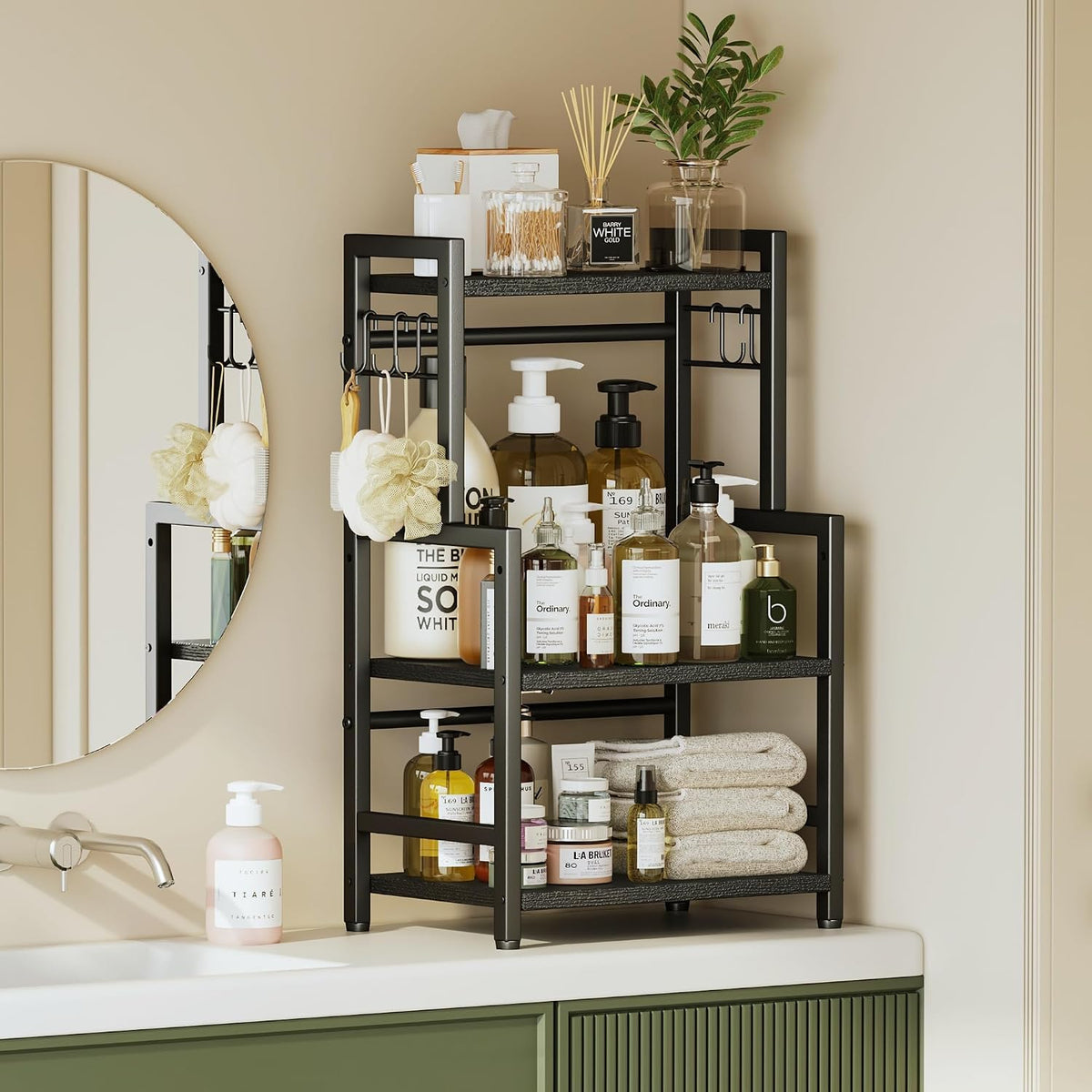 Kitchen Countertop Organizer, 3 Tier Large Spice Rack Organizer with Adjustable Shelf and 5 Hooks, Wooden Counter