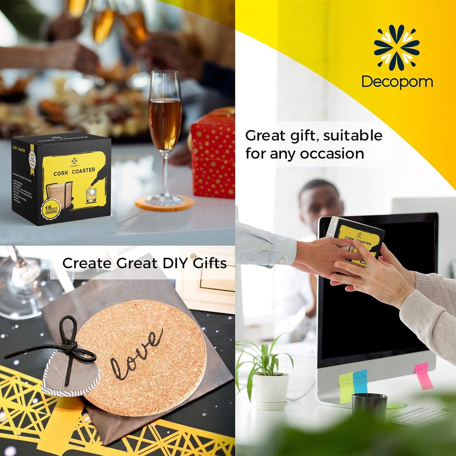 Metal Holder / Cork Coasters for Drinks / 4 Inch / Set of 16