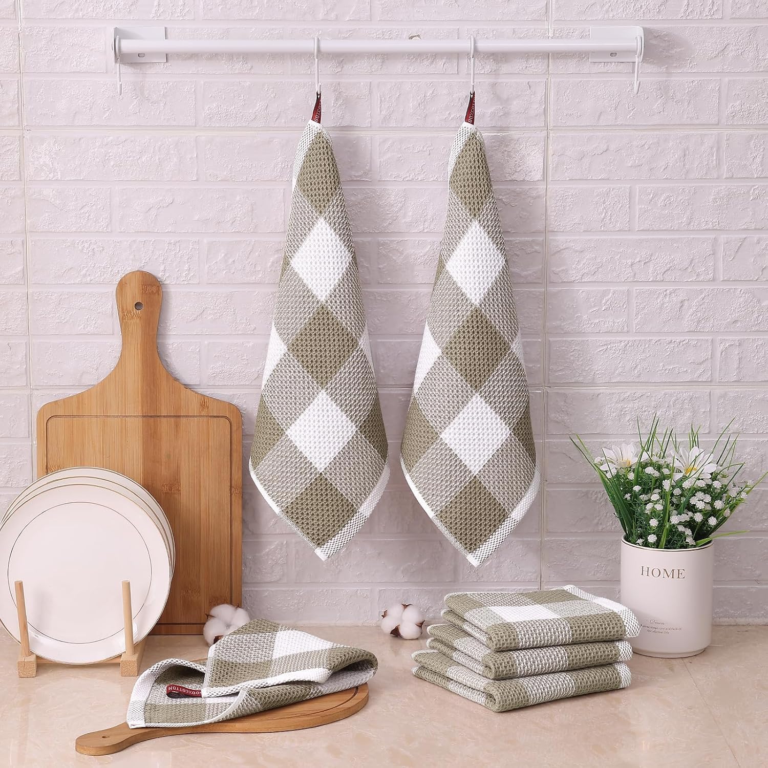 Mordimy Cotton Waffle Dish Cloths, 12"x 12", 12 Pack, Khaki & White | Super Soft and Absorbent Quick Drying Buffalo