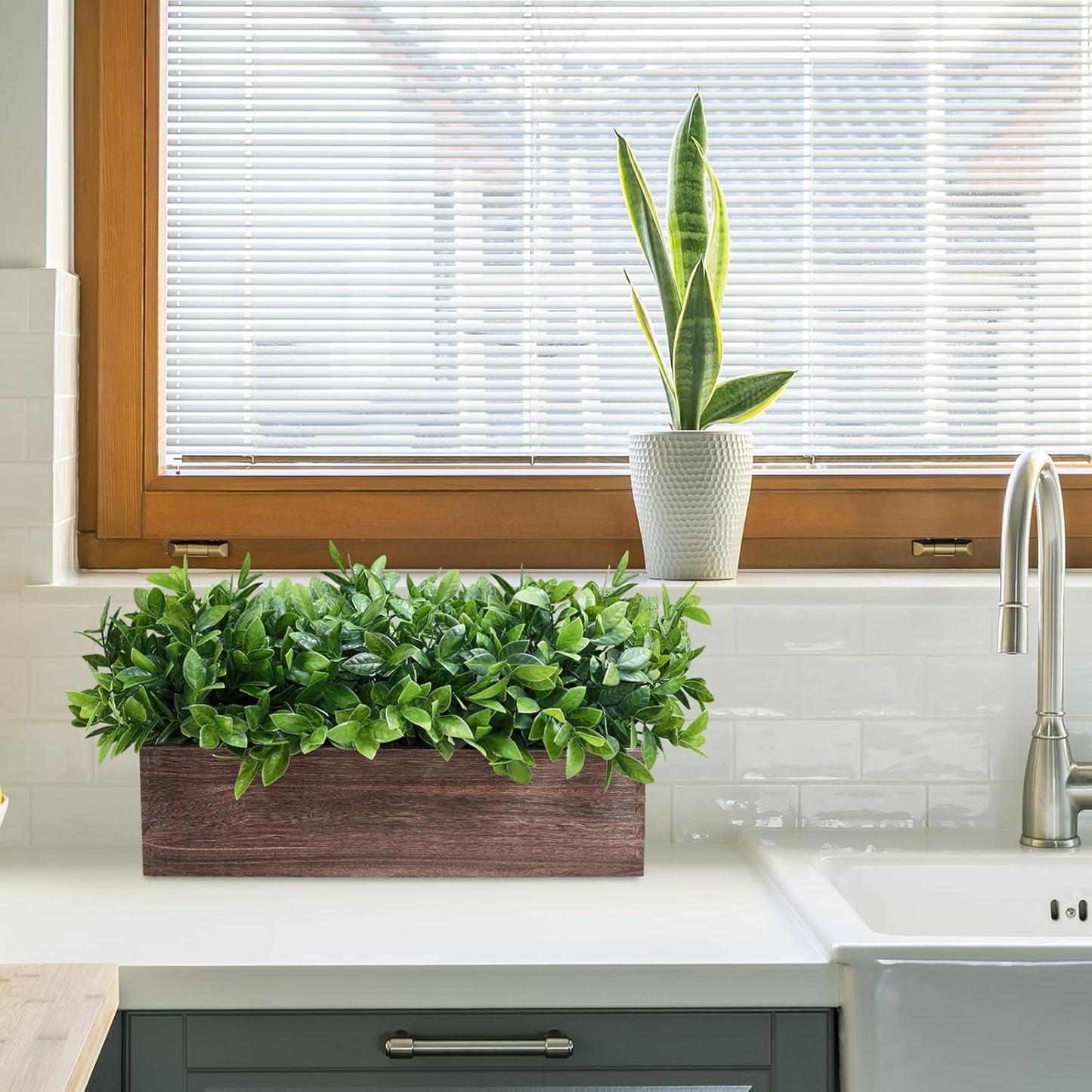 14" Artificial Boxwood Plants in Rectangular Wood Planter Farmhouse Greenery / Boxwood In Natural