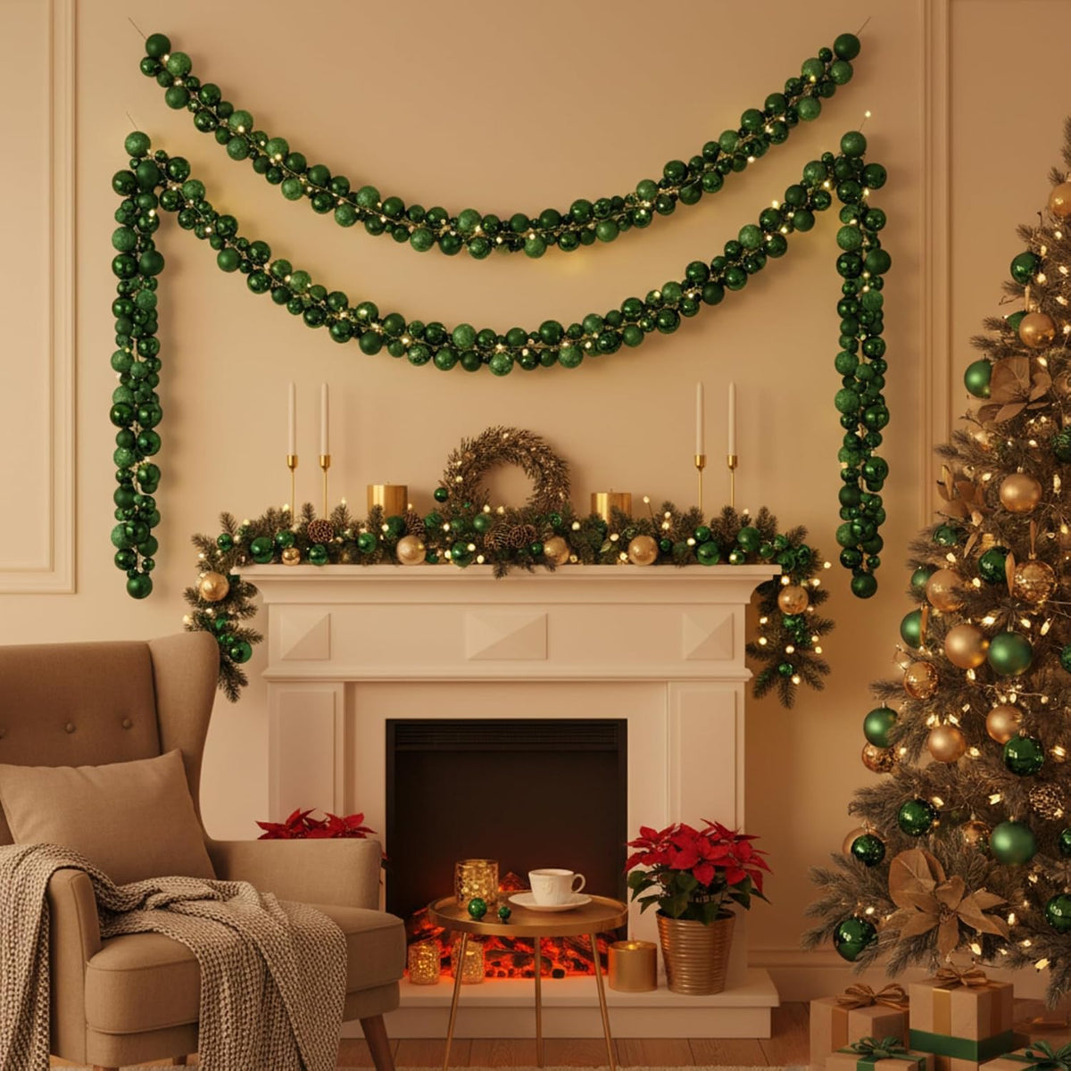 2 Pcs 6 ft Christmas Ball Ornament Garland, Dark Green | Bauble Bulb Christmas Tree Ball Decoration Shatterproof