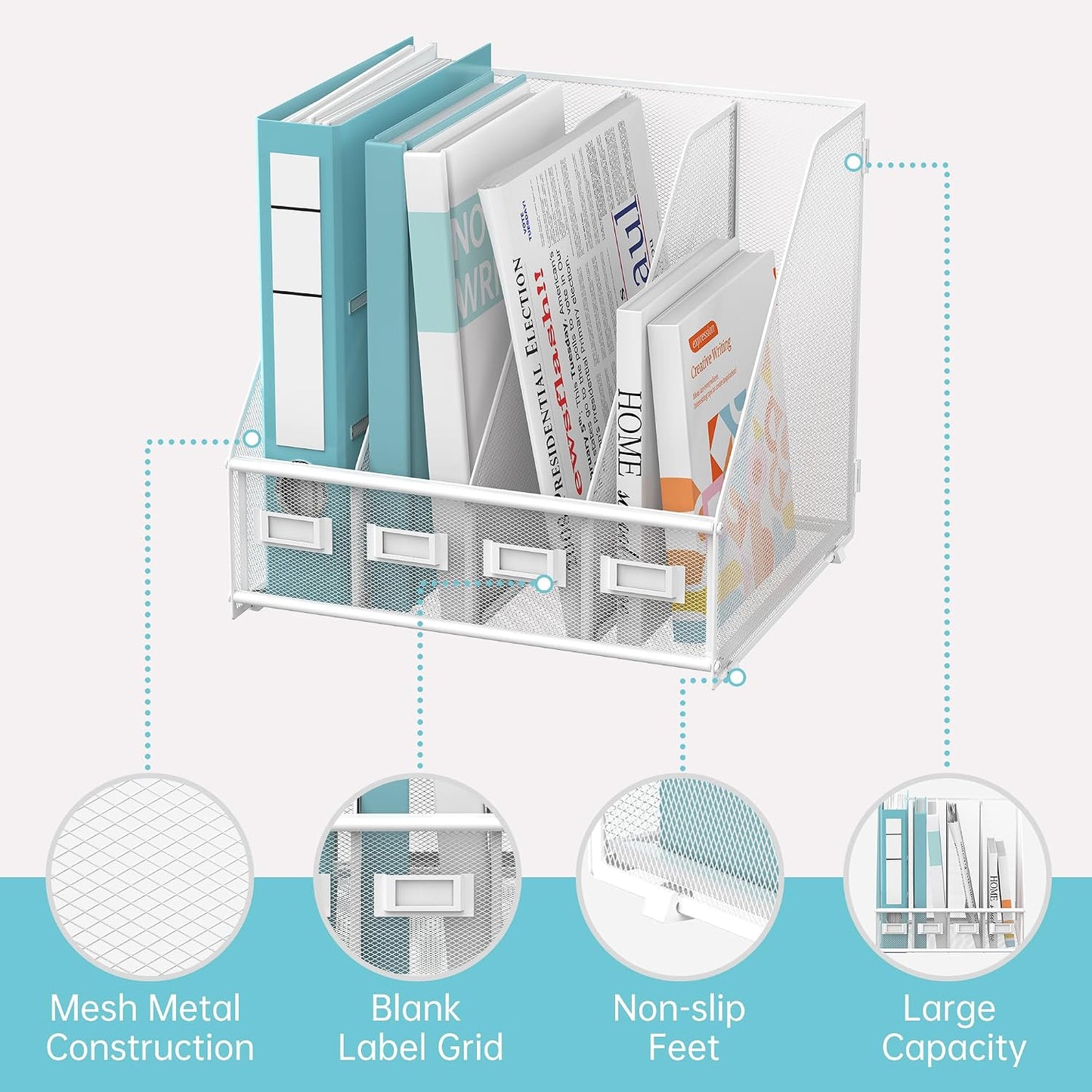4-Compartment Magazine File Holder and File Organizer for Desk, White | Metal Magazine Holder and Magazine File Holder