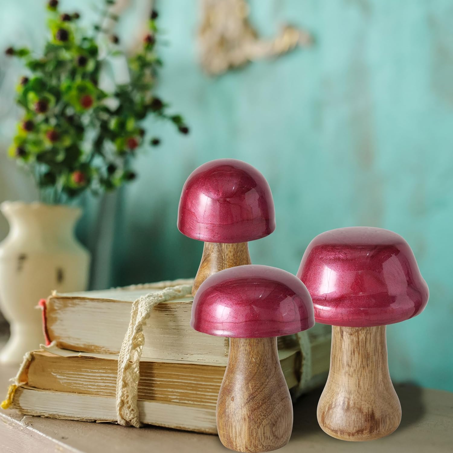 Decorative Figurines / Red Top Mushrooms / Red Metallic Effect, 4.25, 3.5 and 2.75 Inches / Set of 3