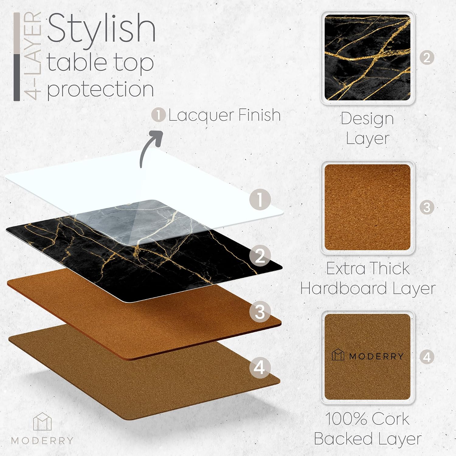 Heat Resistant Cork Placemats for Dining Table / Black & Gold Marble / Set of 4